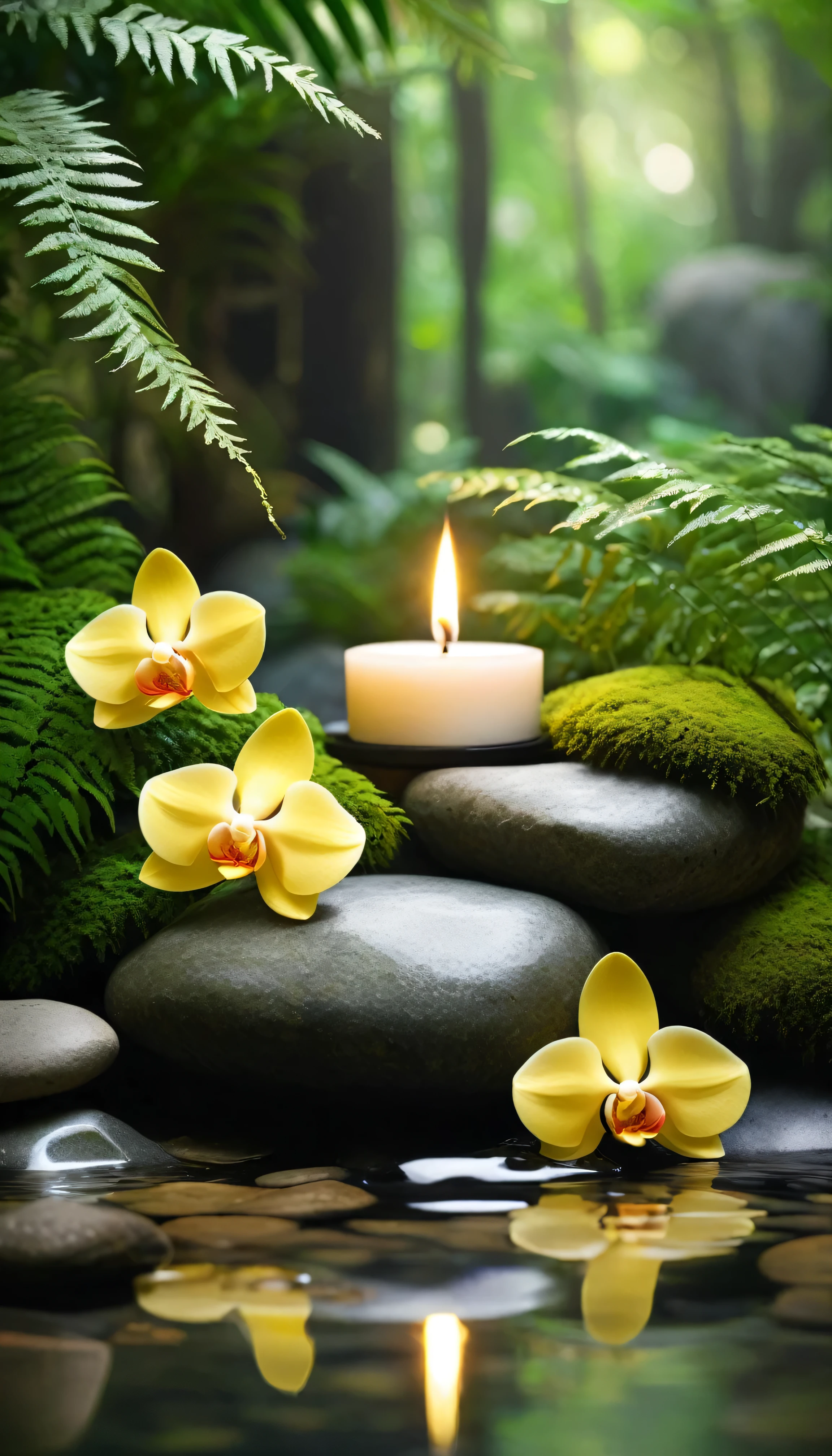 A minimalist Japanese style scene，There is a gurgling stream.Stone platform covered with ferns located deep in the tranquil forest bokeh background、Light two scented candles，yellow phalaenopsis、White silk scarf、SPA energy crystals of various colors、Exquisite transparent SPA essential oil in glass bottle，Create a fresh、Bright、Relaxing and comfortable atmosphere，Evoking a sense of tranquility and simplicity。A peaceful aura or meditative state has a warm and pure atmosphere