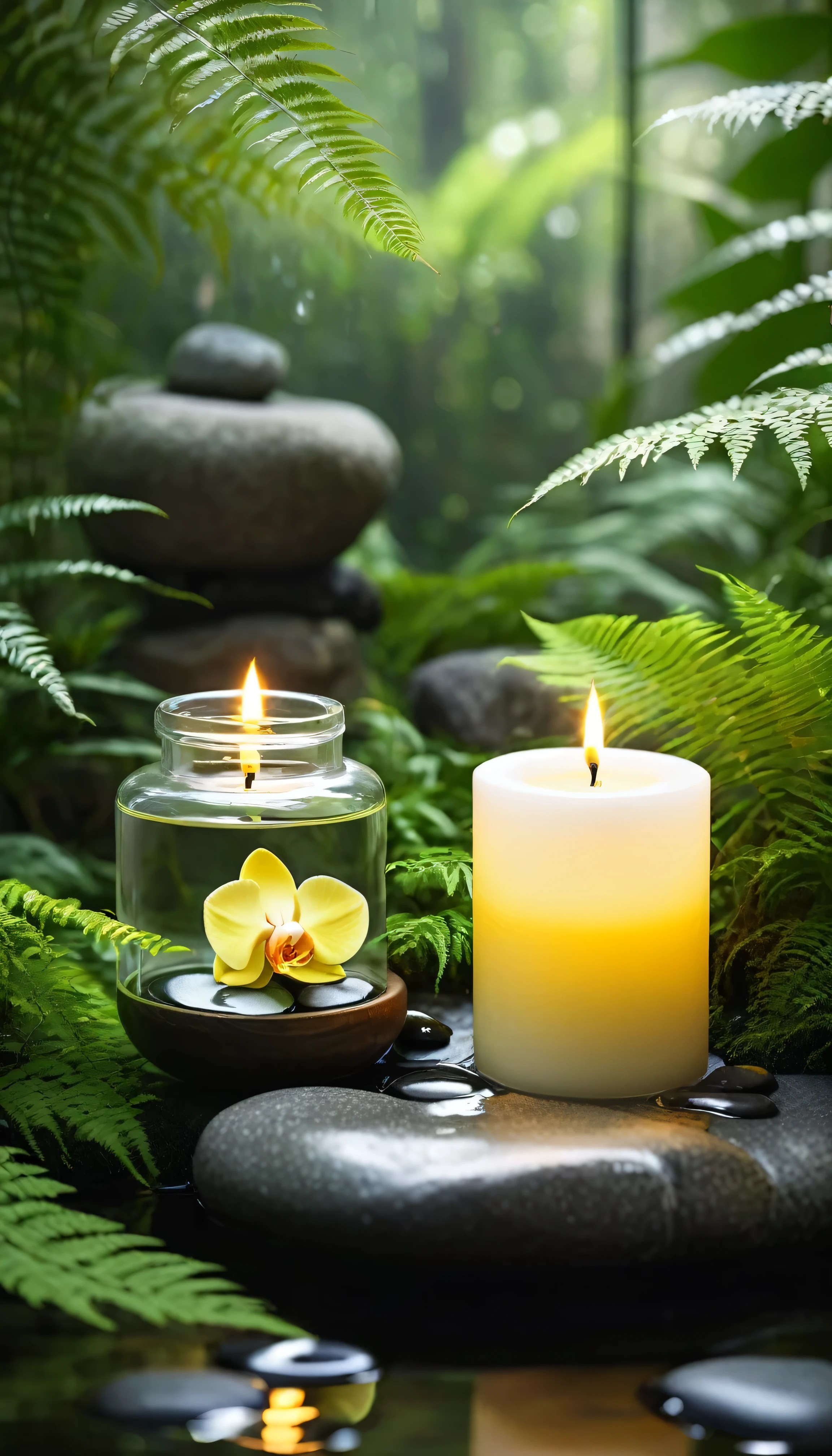A minimalist Japanese style scene,There is a gurgling stream.Stone platform covered with ferns located deep in the tranquil forest bokeh background、Light two scented candles,yellow phalaenopsis、White silk scarf、SPA energy crystals of various colors、Exquisite transparent SPA essential oil in glass bottle,Create a fresh、Bright、Relaxing and comfortable atmosphere,Evoking a sense of tranquility and simplicity。A peaceful aura or meditative state has a warm and pure atmosphere
