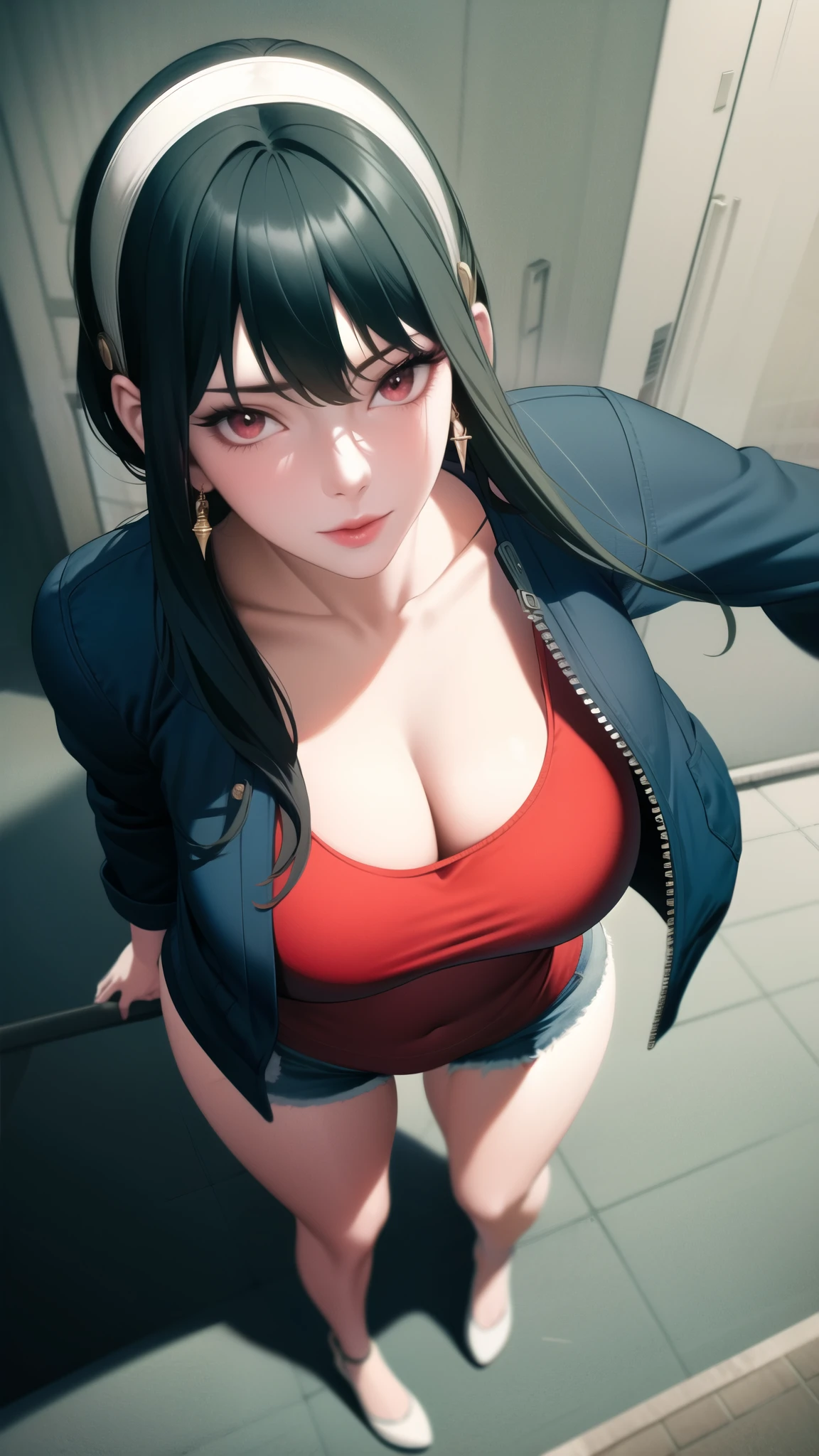 , full body, (masterpiece), (best quality), ultra high res, ultra detailed, detailed eyes, intricate,  1girl, looking at viewer, bbyorf, short hair with long locks, gold hairband, red eyes, gold earrings, large breasts,  black shirt, white tank top, blouse, cleavage, collarbone, denim, denim shorts, jacket, long sleeves, ((open clothes)), open jacket, partially unzipped, blue jacket, shirt, short shorts, shorts, tank top, track jacket, unzipped, ((large breasts, big hips, tight clothes, cleavage, looking at the viewer)), (abs:0.8), BLUSHED, UNDERBOOB (realistic:1.2), (realism), (masterpiece:1.2), (best quality), (ultra detailed), (8k, 4k, intricate),(85mm),light particles, lighting, (highly detailed:1.2),(detailed face:1.2), (gradients), colorful,(detailed eyes:1.2),(detailed background),detailed landscape, (dynamic angle:1.2), (rule of third_composition:1.3), (Line of action:1.2)