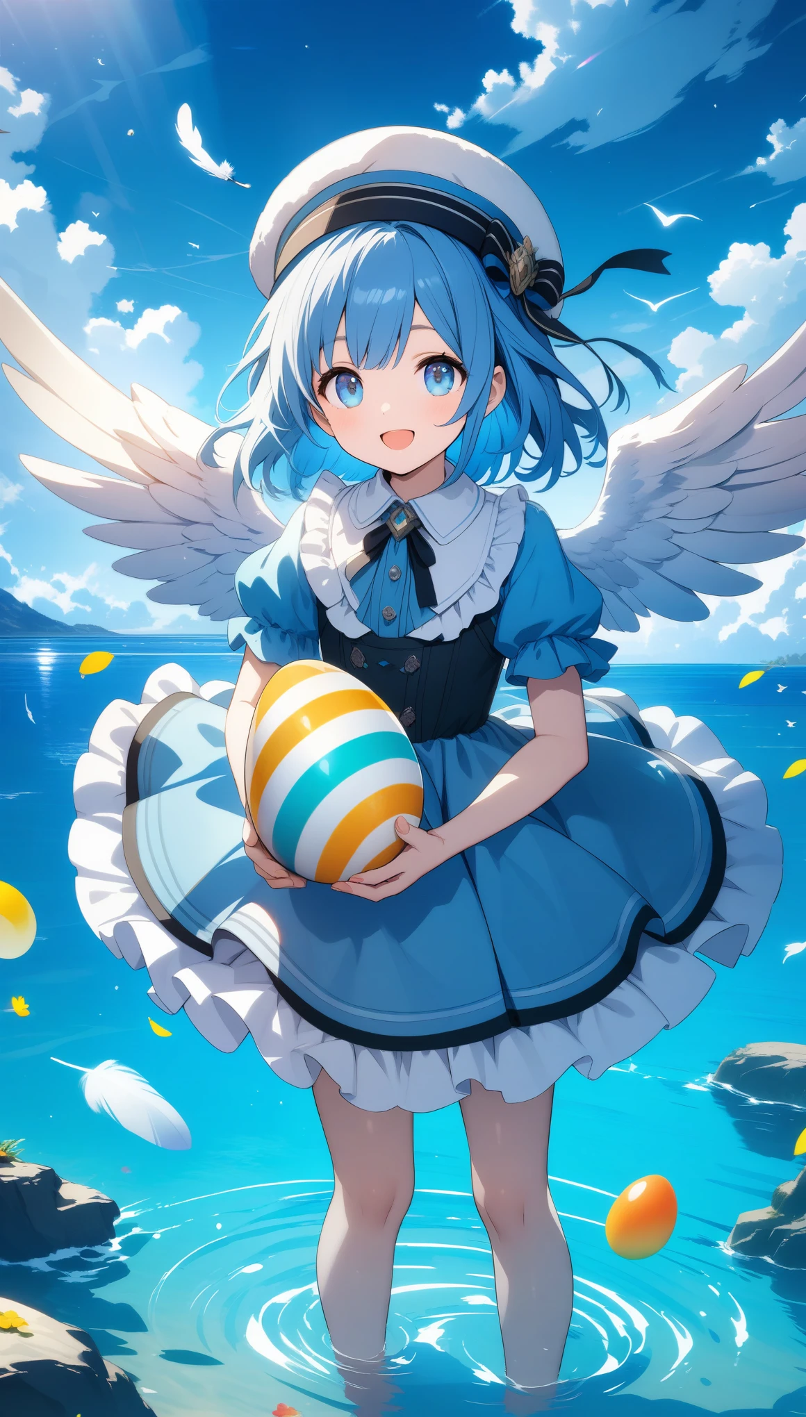 32k, best quality, ultra high res, HDR, UHD, extremely detailed CG, unity 32k wallpaper, A world full of eggs, , Holding a rainbow-colored egg in both hands, Very cute girl, Blue Hair, blue eyes, A beautiful and cute blue dress, from the front, A very beautiful sea background, Standing on the water, Particles that glow blue, bird, cloud, Egg with wings, Close your mouth and smile happily, Cute hat with feathers, Floating in the air, 