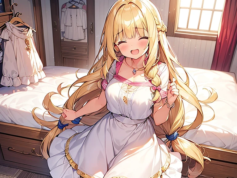 Masterpiece, Top quality, 1 beautiful girl, Blonde, long Hair, Braided hair, wavy Hair, blunt bangs, 15 year old, standard weight, (medium breasts :1.2), (cute clothes:1.5), (happy :1.3), blush, open mouth, closed eyes, dynamic pose, (beautiful scene of Cute Girl's Room:1.4), (cute effect), from above