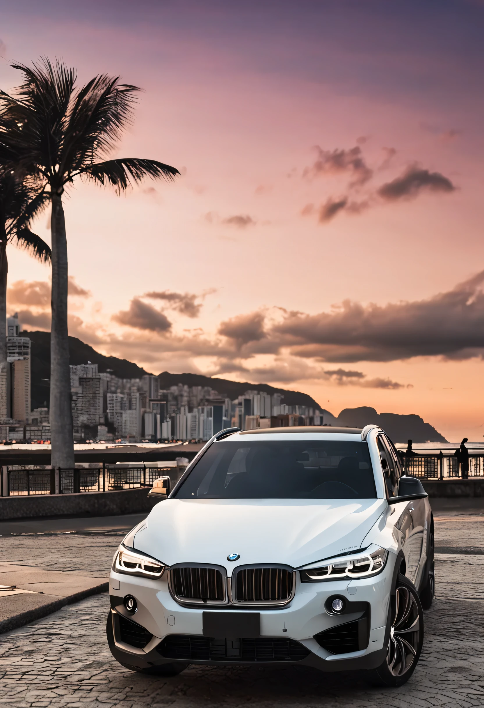 Build a BMW car, Model X1, White, brazilian street, Near Christ the Redeemer, Rio de Janeiro, Car parked in front of the beach, Ultra-realistic 8K