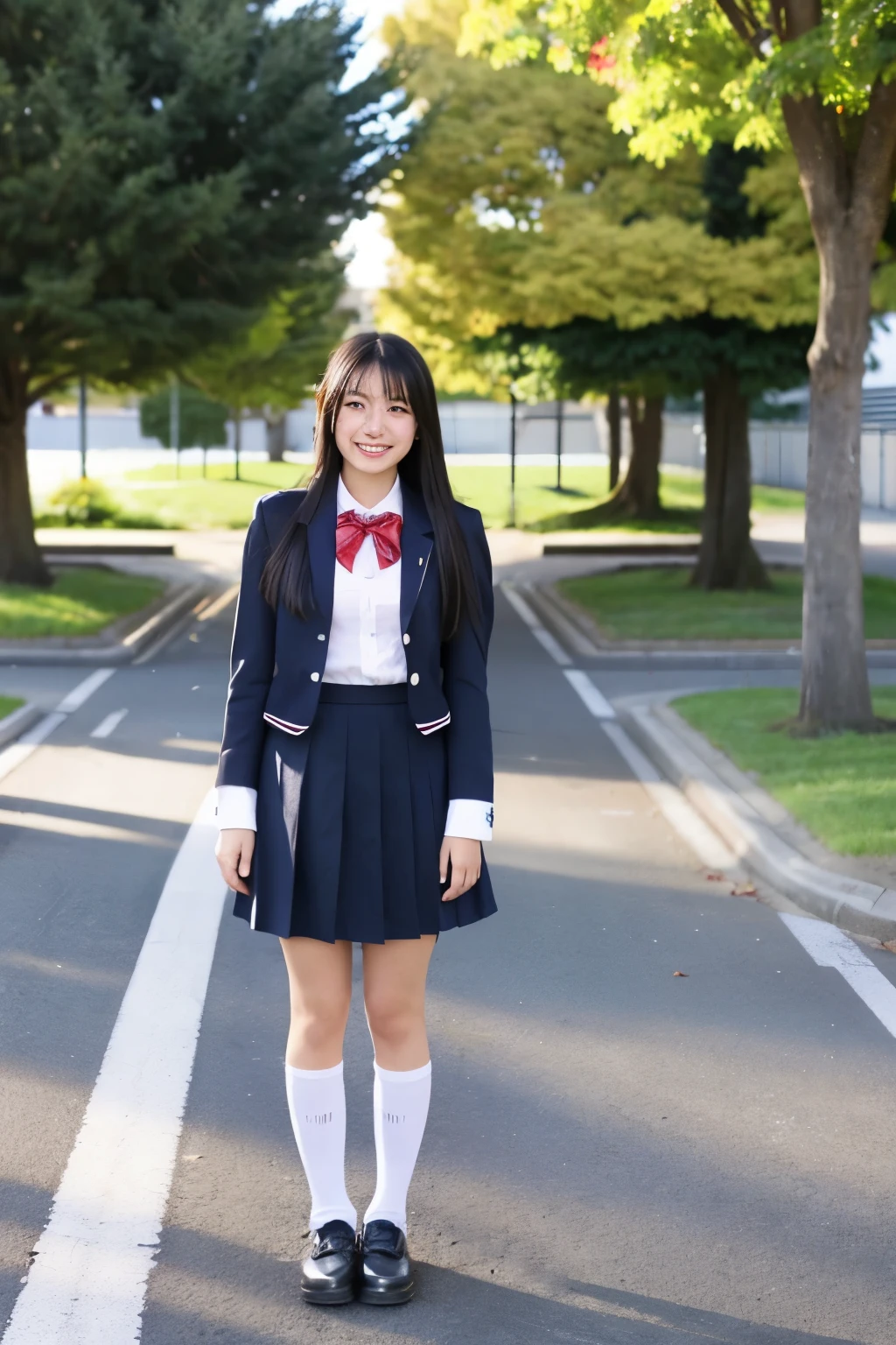 A cute Japanese high school girl standing in an empty schoolyard, with long black hair, smiling, wearing a uniform, full-body image