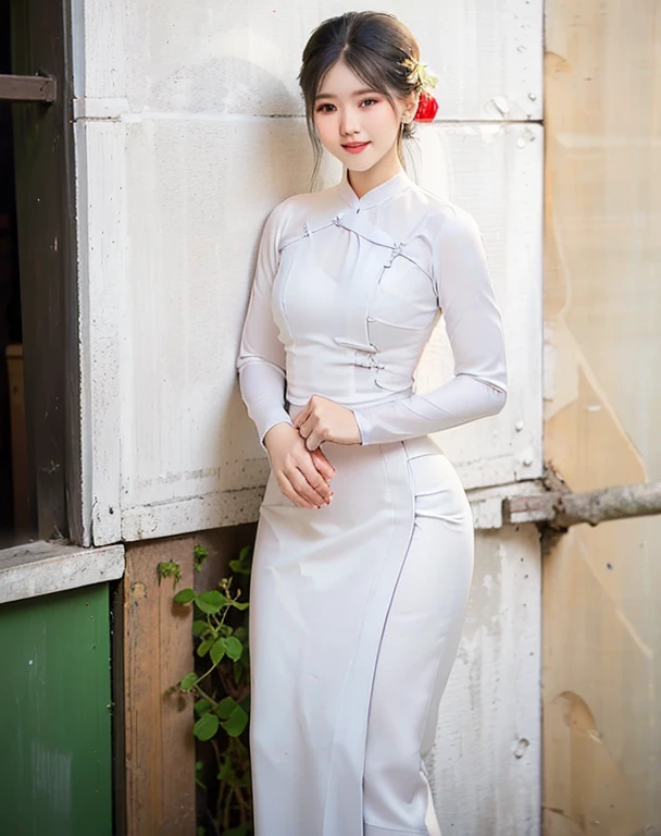 a close up of a woman in a brown dress standing near a wall, in style of lam manh, nivanh chanthara, ao dai, mai anh tran, wearing an elegant outfit, dang my linh, woman model, soft silk dress, wearing an elegant dress, vietnamese woman, elegant fashion model, beautiful silky dress, hoang long ly
