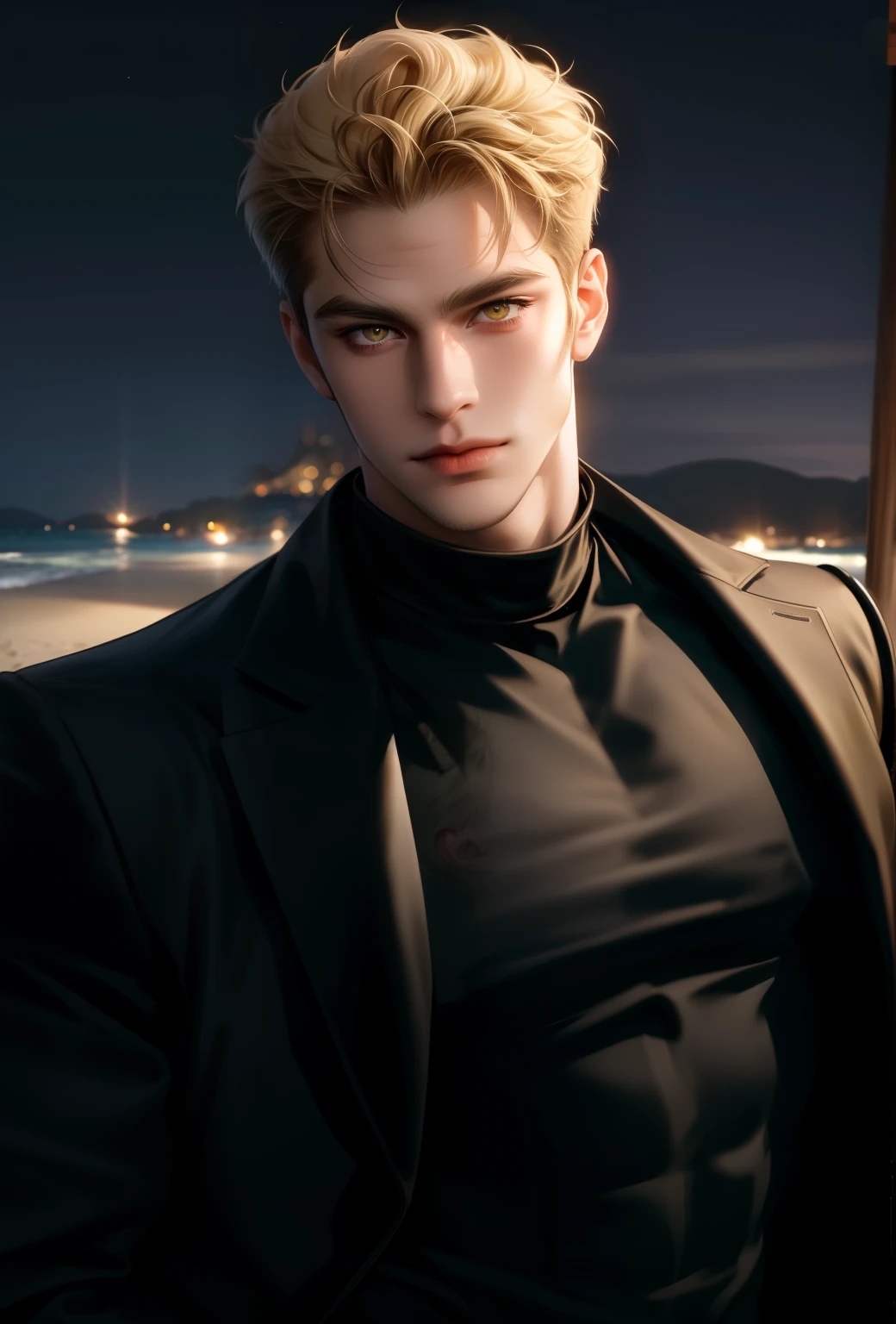 (masterpiece,best quality,ultra_detailed,highres,absurdres),1 mature male, 30-ish, (wide shoulder), (muscular), big body, male focus, solo, yellow eyes, yellow eyes color, upper body, short hair, blonde hair, looking at viewer, smile face, parted lips, round eyewear, Masterpiece, high quality, best quality, HD, realistic, perfect lighting, detailed body, 1 man, wearing a black jacket, calm expression, in the night beach background,
