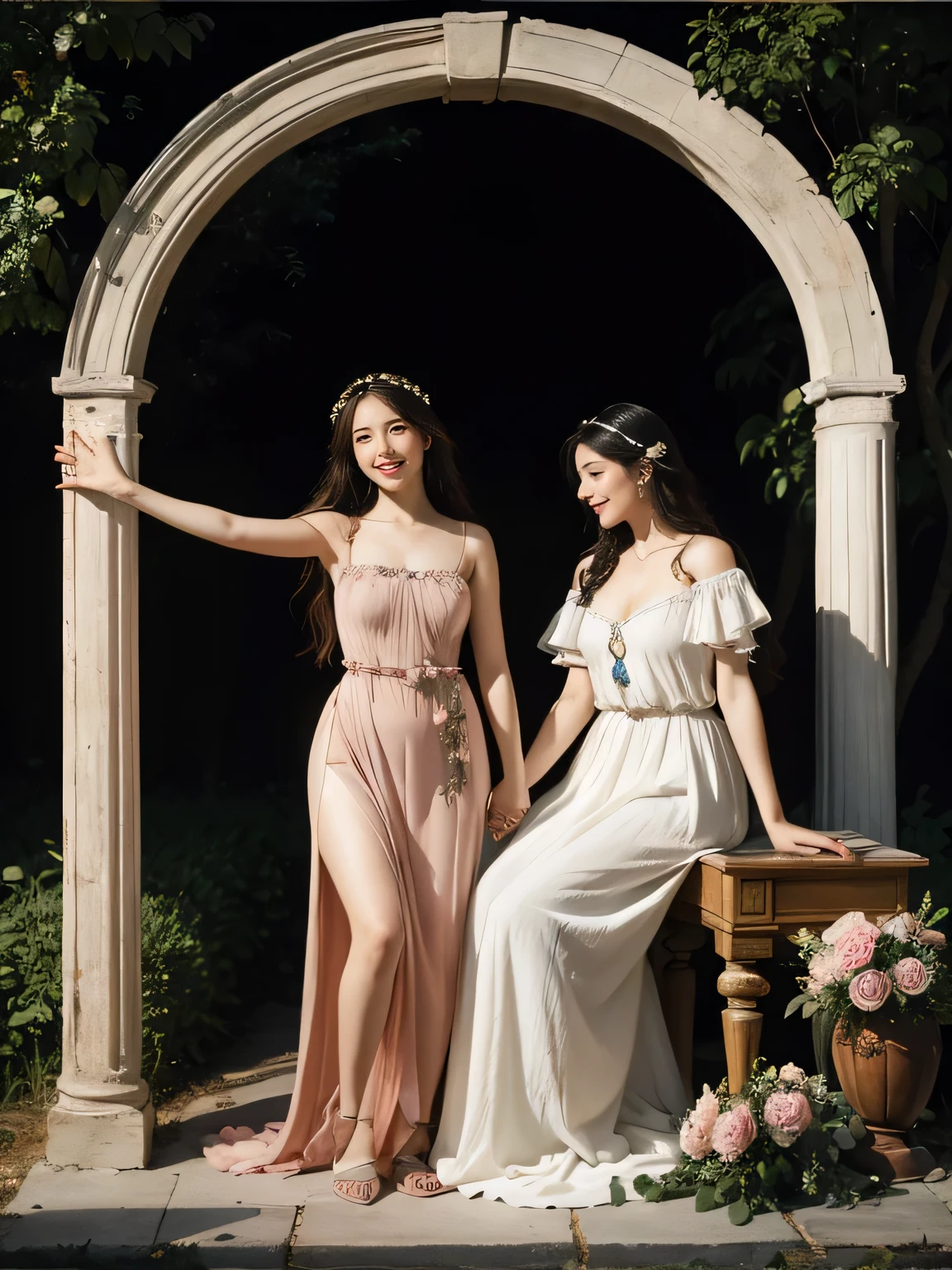 full body portrait or statue、Sandro Botticelli painting style,Arguments of two female Philosophe,math、astronomical machine、astronaut、roses in vase、fruits、Cute trinkets、smile、ancient greek costume、Ancient Roman landscape in the style of Nicolas Poussin,laughter,,Sweet and seductive appearance.、Caravaggio's paintings、Chiaroscuro of Caravaggio、hair tousled by the wind,Two women frolicking,cute smile, expression of ecstasy,Sexy,erotic