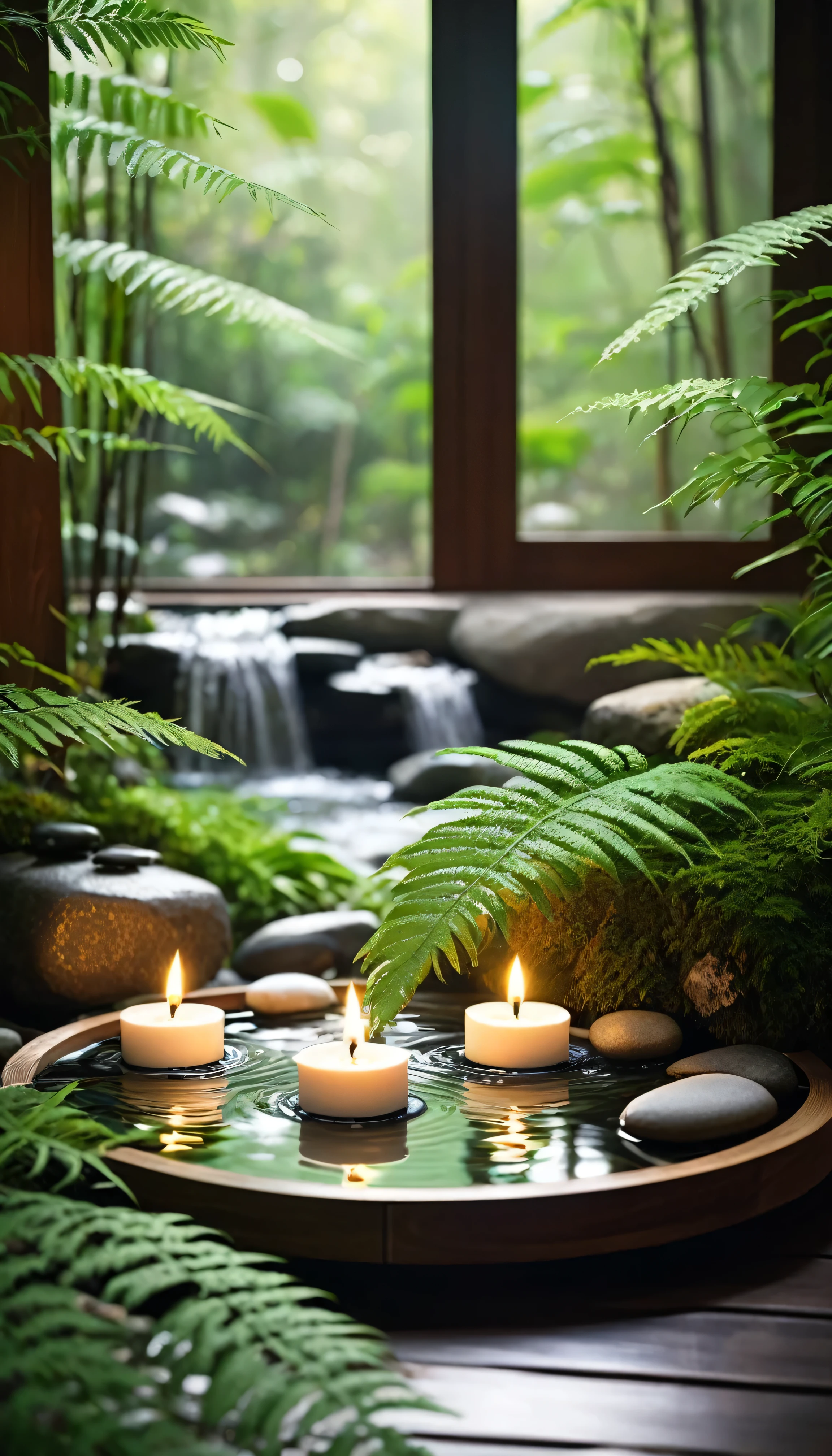 A minimalist Japanese style scene,There is a gurgling stream.Stone platform covered with ferns located deep in the tranquil forest bokeh background、Light two scented candles,white phalaenopsis、White silk scarf、SPA energy crystals of various colors、Exquisite transparent SPA essential oil in glass bottle,Create a fresh、Bright、Relaxing and comfortable atmosphere,Evoking a sense of tranquility and simplicity。A peaceful aura or meditative state has a warm and pure atmosphere