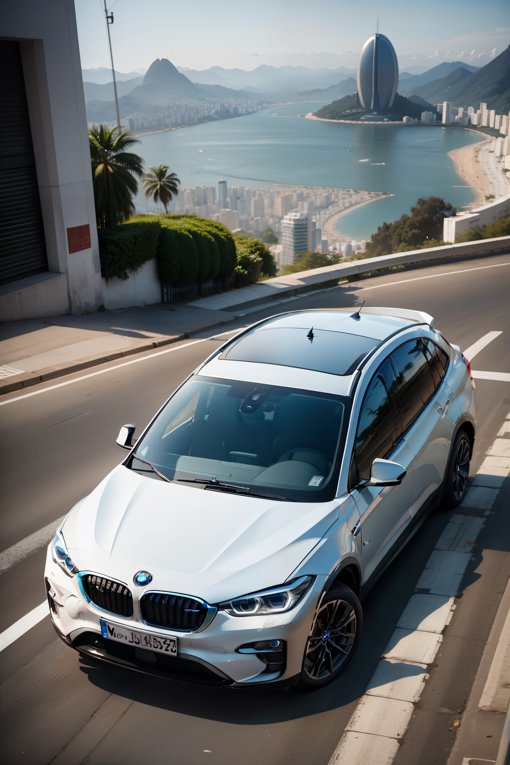 Build a BMW car, Model X1 White, On the streets of Rio de Janeiro, Brazil,Near Christ the Redeemer,Cars parked in front of the Christ statue,ultra-realistic 8k