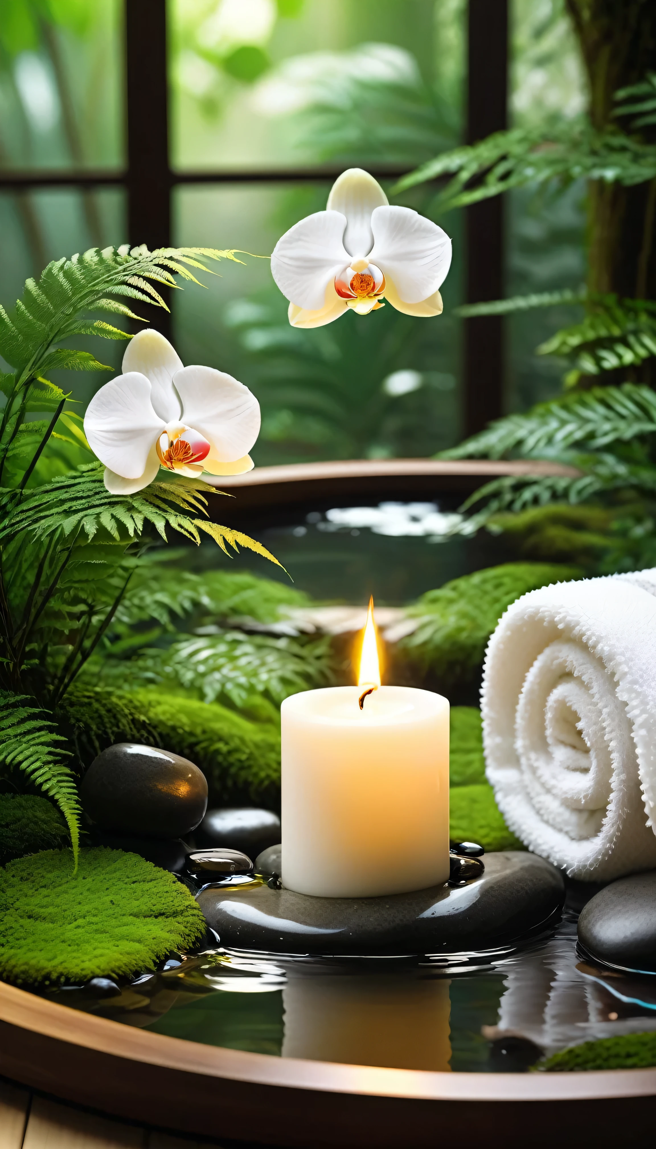 A minimalist Japanese style scene，There is a gurgling stream.Stone platform covered with ferns located deep in the tranquil forest bokeh background、Light two scented candles，white phalaenopsis、White silk scarf、SPA energy crystals of various colors、Exquisite transparent SPA essential oil in glass bottle，Create a fresh、Bright、Relaxing and comfortable atmosphere，Evoking a sense of tranquility and simplicity。A peaceful aura or meditative state has a warm and pure atmosphere