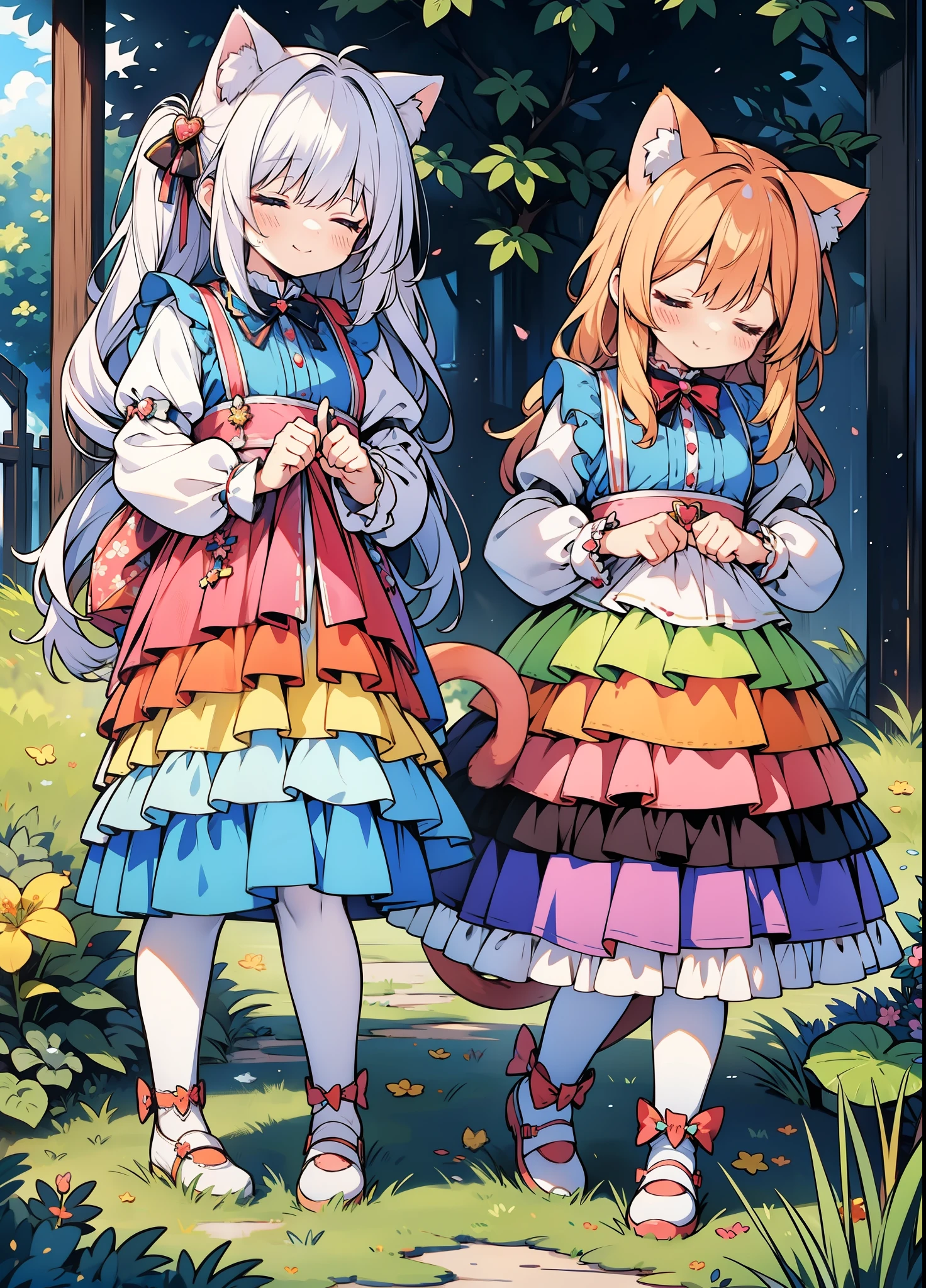 Colorful Cat ears Sleeping face Tail ta outfit Maid outfit Alice outfit Rainbow outfit Cute Chibi Smile