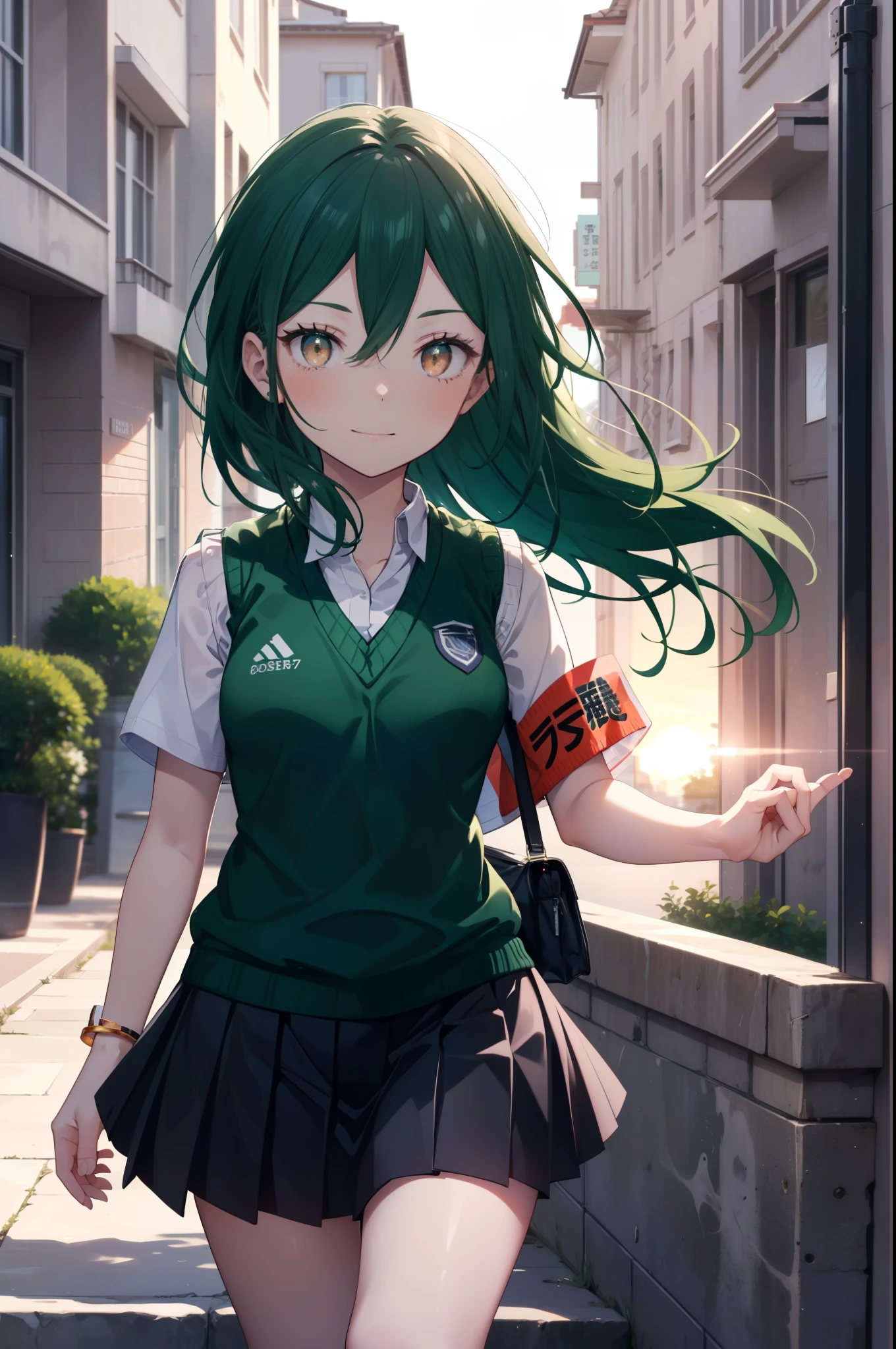 CruschKarsten, Crusch Karsten, Long Hair, Hair between the eyes, Green Hair, (Brown eyes:1.4),smile,,
Armband, White shirt,Short sleeve,Sweater vest, (green Sweater vest:1.5),Black pleated skirt,Black socks,Brown Loafers,whole bodyがイラストに入るように,Sunset,evening,The sun is setting,歩いている
break outdoors, School　courtyard,
break looking at viewer,whole body,
break (masterpiece:1.2), highest quality, High resolution, unity 8k wallpaper, (shape:0.8), (Beautiful and beautiful eyes:1.6), extレムely detailed face, Perfect lighting, extレムely detailed CG, (Perfect hands, Perfect Anatomy),