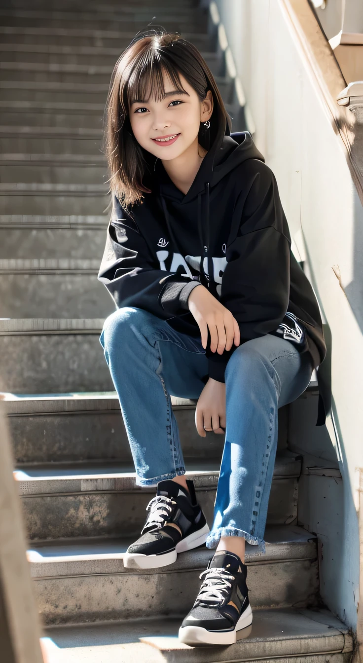 highest quality, Realistic, Very detailed, Finer details, High resolution, 8k wallpaper, One beautiful woman,Sit on the stairs、smile、、(Black socks) Oversized hoodie, Skinny jeans,( Black sneakers)、Black Hair、 Beautiful Bangs、ear piercing、Perfect dynamic composition, Beautiful and detailed, Full Body Shot, A big smile waiting to start