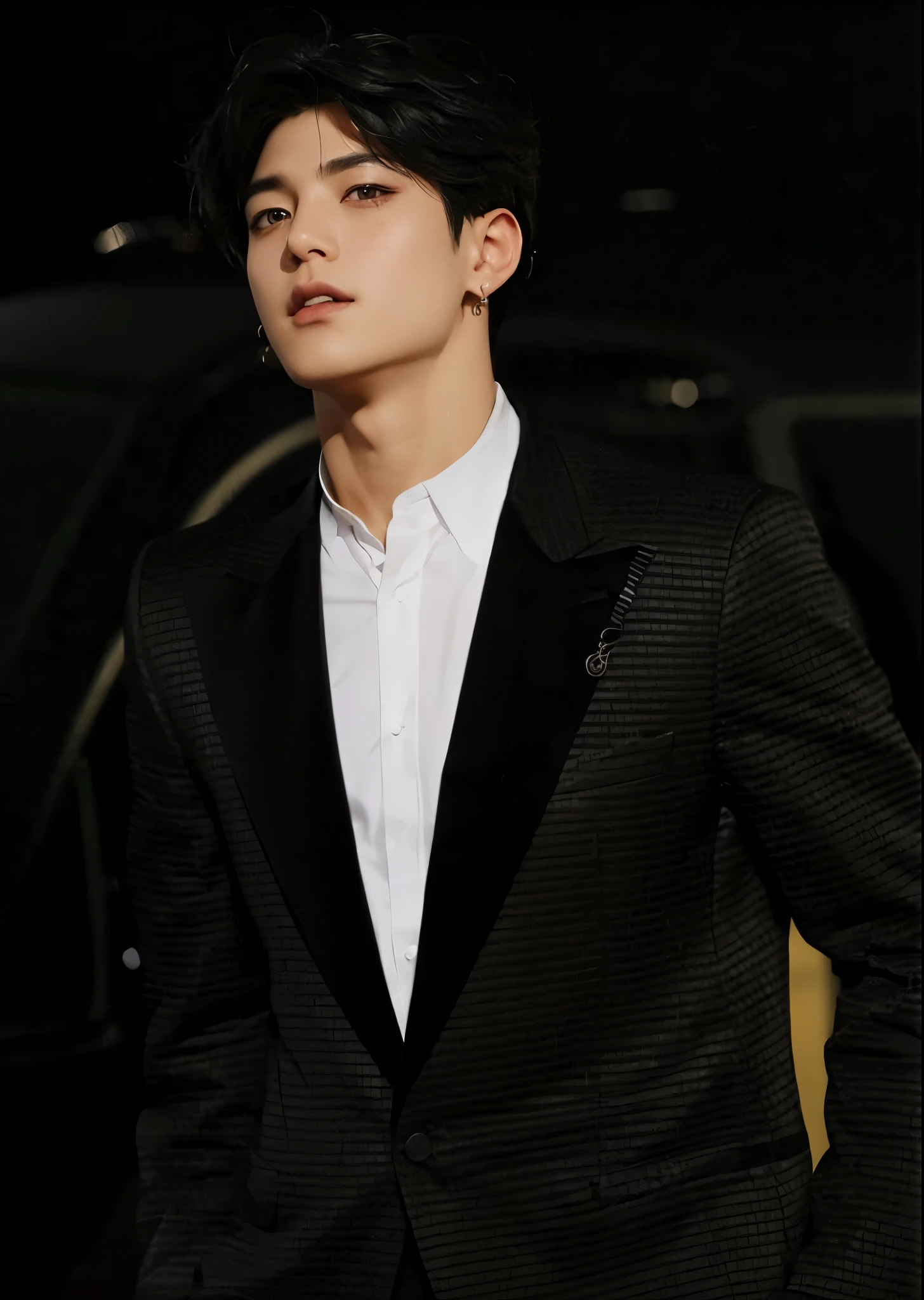 arafed asian korean man with black suit and tie posing for a photo, Jungkook, Jeon Jungkook, taken at the beginning of 2020, 1 / 4 shots to the head, Jungkook de cabelo preto, olhos pesados para o lado, Jeon Jungkook idol do grupo BTS, Retrato de Jungkook do bangtan boys, 1 / 2 shots to the head, rosto bonito, foto oficial, Jk, your eyes seem wise, plump lips/inchados, qualidade 4k