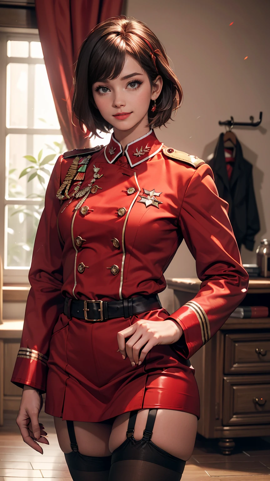 (Realistic:1.5), (Realistic:1.4), 8k, Ultra high quality beautiful girl,Chisato, One Girl, bangs, indoor, short hair, smile, alone, Are standing, Sexy pose, Beautiful small breasts, Red Uniform, Garter Straps, stockings, Put your hands behind your back, Red side ribbon, Licorice Reaction Uniform,(Adult sexiness、Attractive eyes)