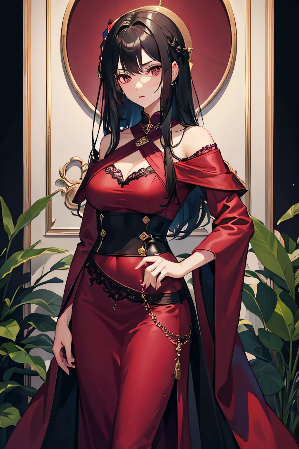 Girl, Black Hair, Brown Eyes, Mature Girl, Cold Stare, Magenta Long Gown