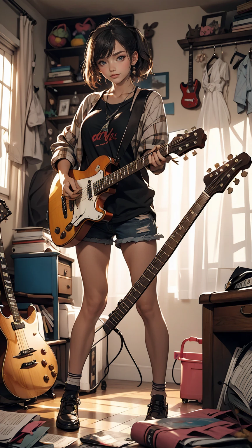 mouth, One girl, alone, In a messy room, guitar,smile