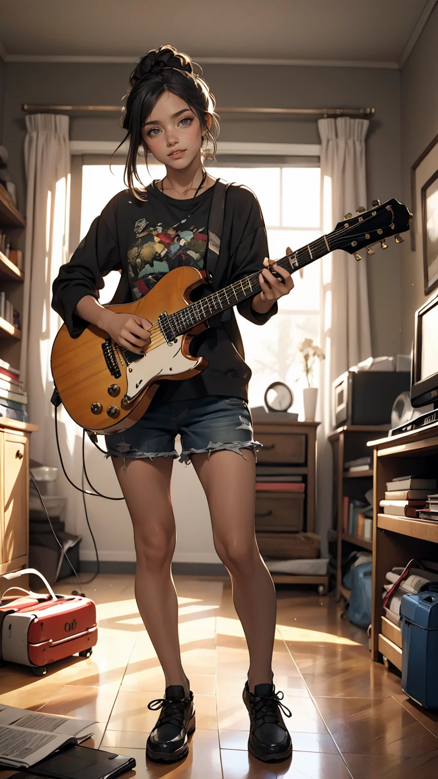 mouth, One girl, alone, In a messy room, guitar,smile