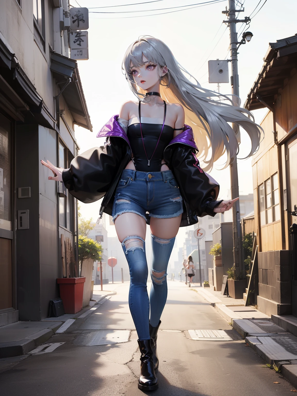 Dynamic posing, dynamic angle,Top quality work,Show Legs,8K, photo image, masterpiece,super resolution ,(long silver hair with purple ends),(purple eyes), lovely red lips, 8K quality, Pale light and shadow, Dindal effect, Very bright white background, 1 girl,lovely red lips, ( only black Cropped strappy top),((mini denim skirt in vintage dark grey wash, raw frayed hem and low rise waist)), punk boots, (torn pantyhouse), (at the tokyo street),small round chest,full-body view,16yo,(building in the background)