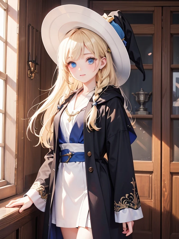 masterpiece, highest quality, Very detailed, 16k, Ultra-high resolution、Cowboy Shot, One ****************, Detailed face, Perfect Fingers, blue eyes, Blonde, Braid, The figure of the wizard, Long pointed hat, Long black robe, Wizard&#39;s wand, Crystal ball on desk, Dim Cave, Number of experimental tools々