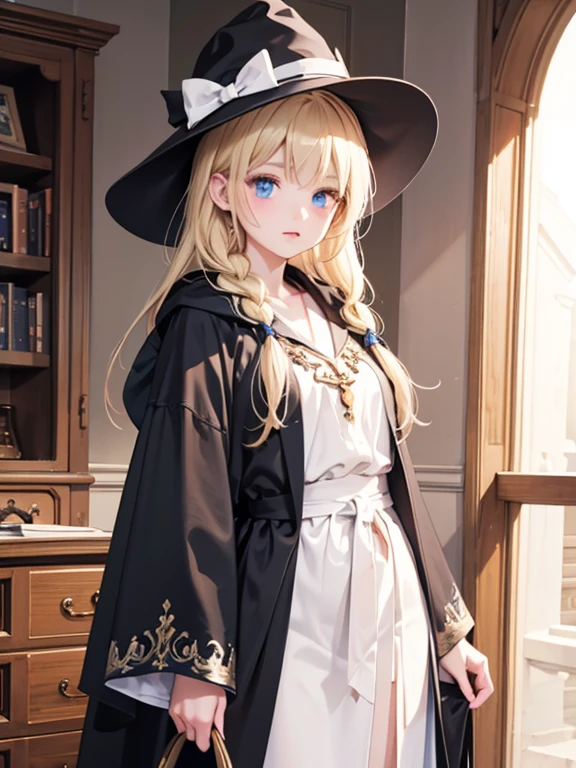 masterpiece, highest quality, Very detailed, 16k, Ultra-high resolution、Cowboy Shot, One , Detailed face, Perfect Fingers, blue eyes, Blonde, Braid, The figure of the wizard, Long pointed hat, Long black robe, Wizard's wand, Crystal ball on desk, Dim Cave, Number of experimental tools々