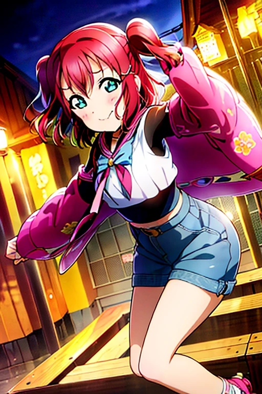 masterpiece, best quality, ultra-detailed, kawaii, cute, lovely, sexy, ero, extremely detailed, 4K, 8K, best quality, beautiful, anime style, laboratory, Kurosawa Ruby, love live!, beautiful eyes, large breast, tattoo, cool, (leather jacket,naughty expression,denim shorts,spread legs,arms behind head,from below),miko