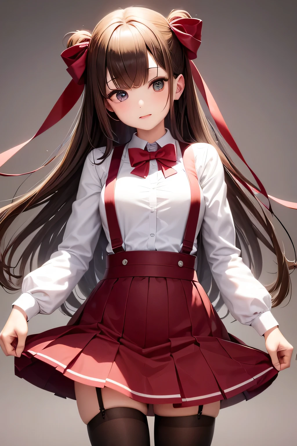 1girl, solo, small breasts, suspender skirt, white shirt, red bowtie, happy