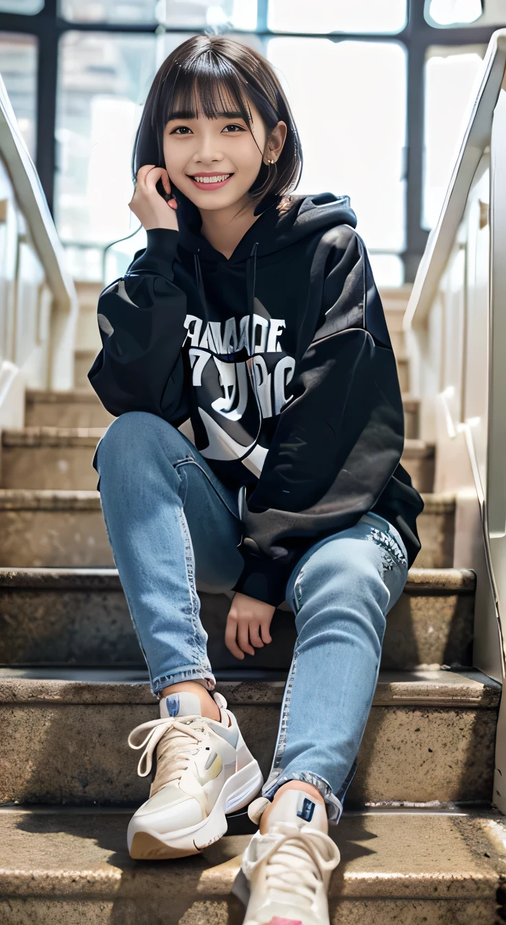 highest quality, Realistic, Very detailed, Finer details, High resolution, 8k wallpaper, One beautiful woman,Sit on the stairs、smile、、 Oversized hoodie, Skinny jeans,sneakers、Black Hair、 Beautiful Bangs、ear piercing、Perfect dynamic composition, Beautiful and detailed, Full Body Shot, A big smile waiting to start