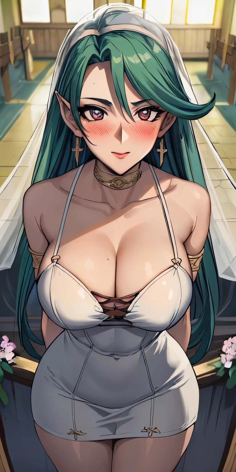 masterpiece, best quality, ultra-detailed, illustration,masterpiece, Best quality, high resolution, high resolution, green hair,Camula, 1girl, solo,clear skin,  armlets,clear skin, beautiful detailed eyes, looking at viewer in a seductive look, close up, (breast focus), (arms behind back:1.2), (from above:1.1),big sized breasts, attempt to seduce,blush, cleavage ,(wide thighs:1.4), (weeding dress), (white dress),(white veil),(tight dress),((inside church))