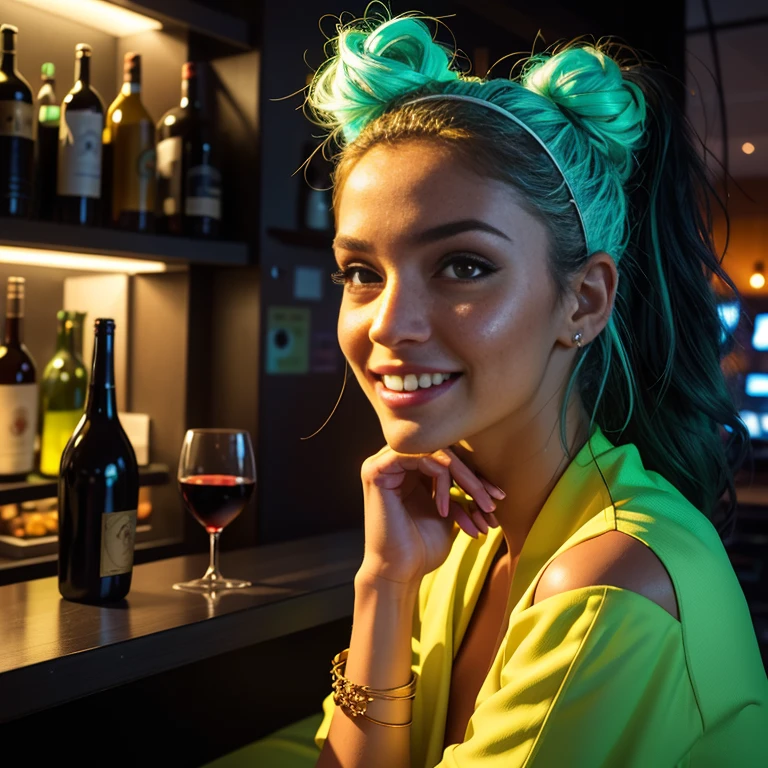 Best quality，tmasterpiece，Ultra-high resolution fills the picture，Indoor at night，bar in the sky, yellow and green color scheme for the wine bar,There was beer and wine, the night, inside in room, beer tapper machine, wine rack lockers, neon color scheme, orange-white hair，Black fashion clothing，yellow and green matching outfits, boxer, beautiful girl，cyberpunk background, background is colorful，Lateral face，Smiling，Various laid-back poses，Perfect makeup，Love eyes，8K quality，cyber punk personage，sense of science and technology，Character backlighting，rim-light，Movement changes，Flowing hairstyle，Loose hairstyle,The number of fingers is refined，The most beautiful girl in mankind，Wear a headband，Luminous accessories, Luminous earrings, Wear delicate accessories, Delicate close-up of the face, Realistic image quality，Super light and shadow，Very good figure，Meticulous，Have a cup or coffee on the roof in the evening，Very good figure，Raised sexy, luminous, Cool，Very stylish bar, wine bar at night, Ray gorgeous, Have food, Laugh happily,