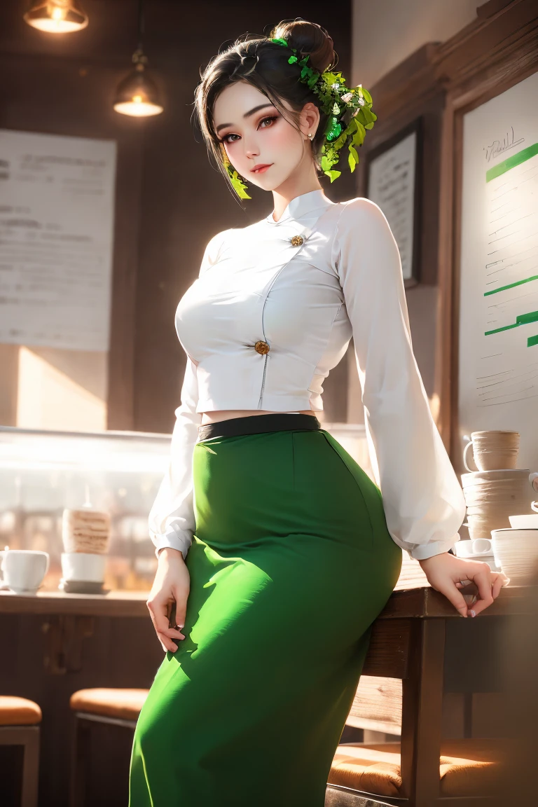 Portrait of a stunning young woman with a stylish hair bun, captivating gaze, and a warm atmosphere of a cozy coffee shop, realistic shading, fine details, exquisite lighting, digital painting, (wearing acmmsayarma outfit, acmmsayarma white top with buttons, long sleeves), ((acmmsayarma green long skirt))