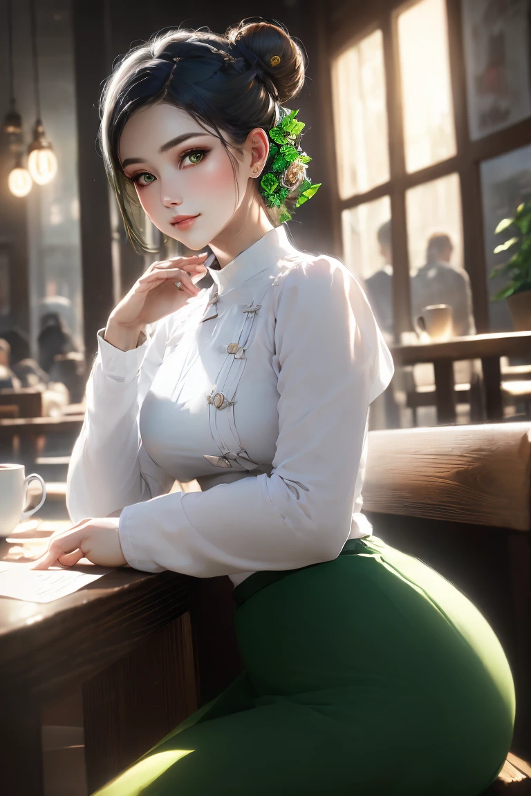 Portrait of a stunning young woman with a stylish hair bun, captivating gaze, and a warm atmosphere of a cozy coffee shop, realistic shading, fine details, exquisite lighting, digital painting, (wearing acmmsayarma outfit, acmmsayarma white top with buttons, long sleeves), ((acmmsayarma green long skirt))