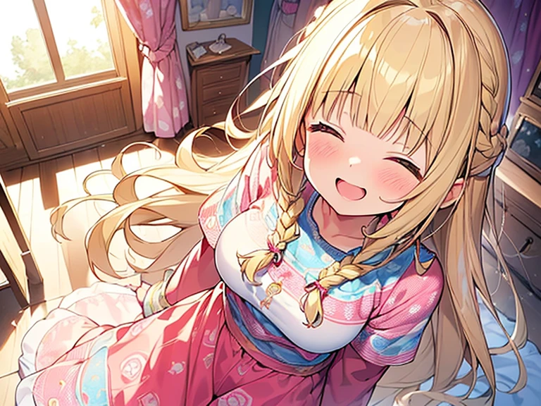 Masterpiece, Top quality, 1 beautiful girl, Blonde, long Hair, Braided hair, wavy Hair, airy hair, blunt bangs, 15 year old, standard weight, (medium breasts :1.2), (cute clothes with cute pattern:1.5), (happy :1.3), blush, open mouth, closed eyes, dynamic pose, (beautiful scene of Cute Girl's Room:1.4), (cute effects), from above