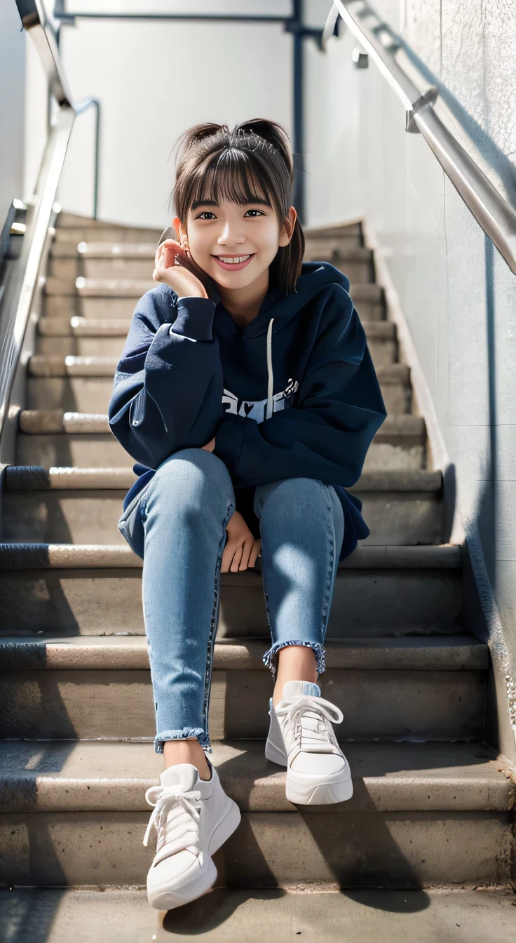 highest quality, Realistic, Very detailed, Finer details, High resolution, 8k wallpaper, One beautiful woman,Sit on the stairs、smile、、 Oversized hoodie, Skinny jeans,sneakers、Black Hair、 Beautiful Bangs、ear piercing、Perfect dynamic composition, Beautiful and detailed, Full Body Shot, A big smile waiting to start