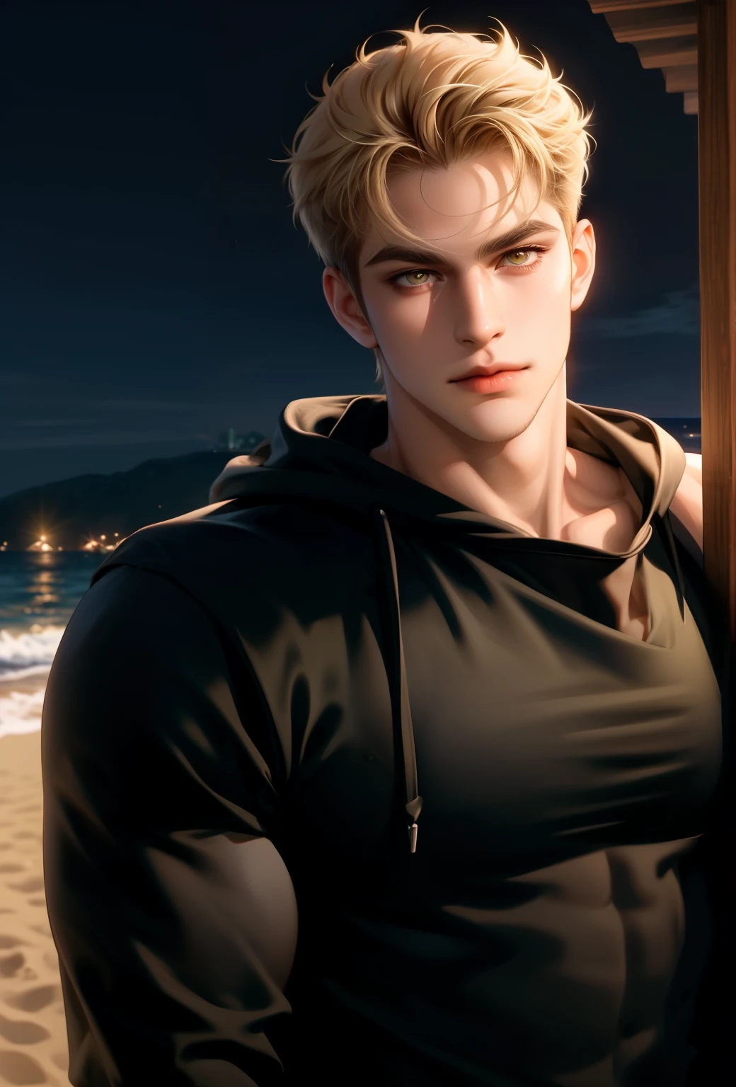 (masterpiece,best quality,ultra_detailed,highres,absurdres),1 mature male, 30-ish, (wide shoulder), (muscular), big body, male focus, solo, yellow eyes, yellow eyes color, upper body, short hair, blonde hair, looking at viewer, smile face, parted lips, round eyewear, Masterpiece, high quality, best quality, HD, realistic, perfect lighting, detailed body, 1 man, wearing a black hoodie, calm expression, in the night beach background,