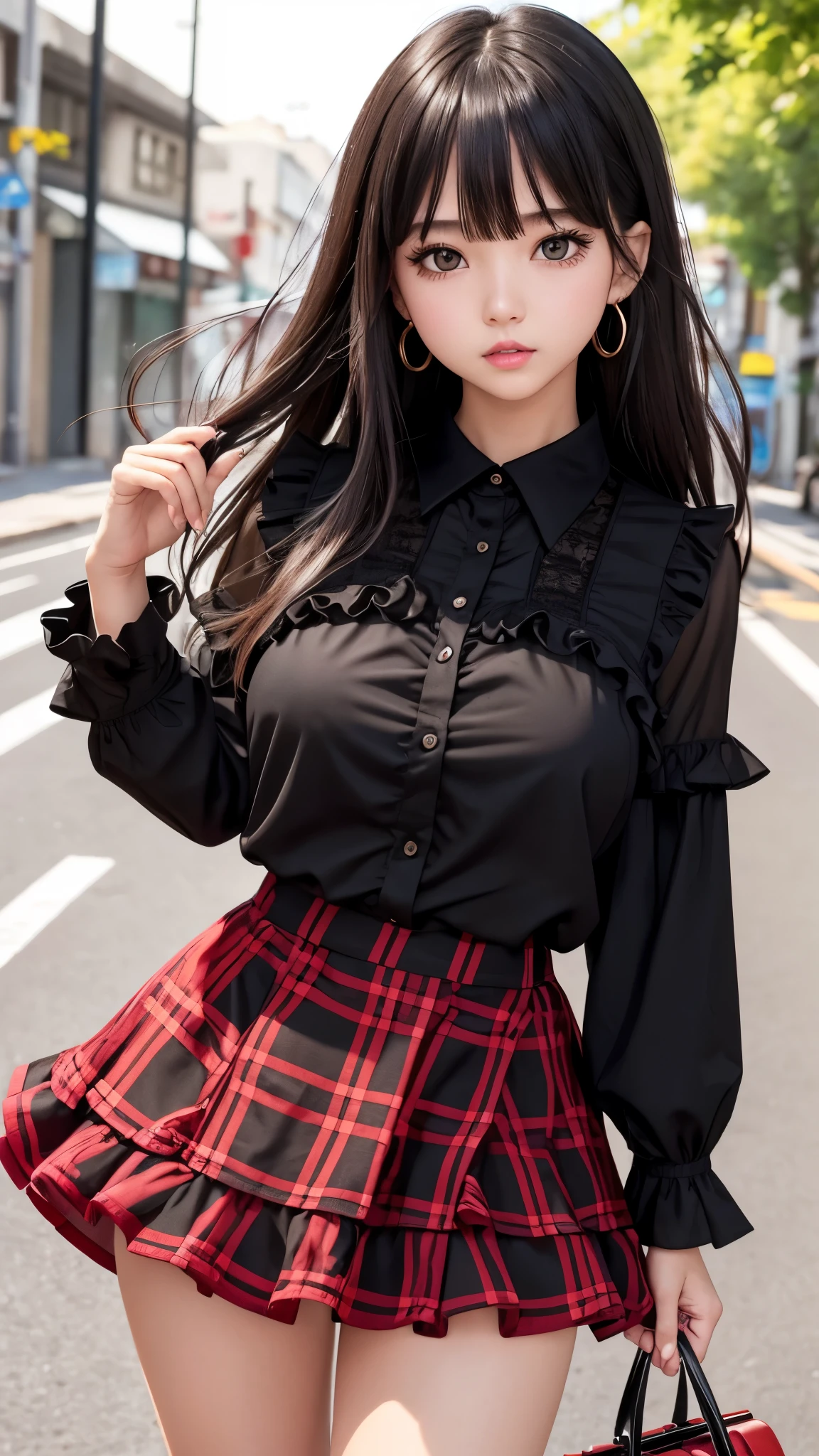 Detailed face、highlight、girl、thigh、breast enhancement、black髪、Heavy bangs、(Ruffled shirt、)(Checked mini skirt、red、black、)