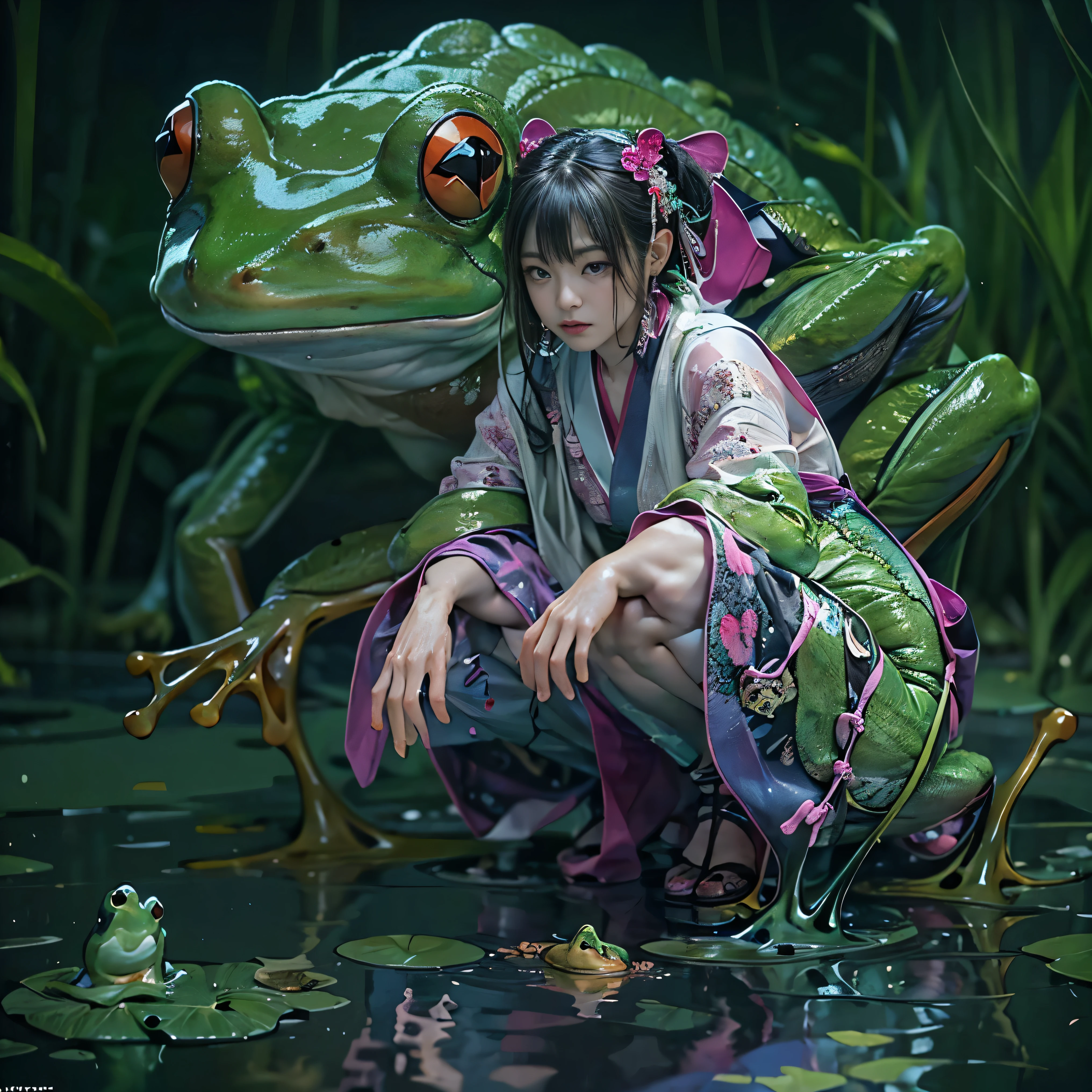 (highest quality、4k、8k、High resolution、masterpiece: 1.2)、Super detailed、(Real、Photorealistic、Photorealistic: 1.37)、Full Body Portrait、media: Fantasy、Horror、Dark Fantasy、Creatures、Hybrid Creatures、(Anatomically correct fingers: 1.4 )、(The upper body of a beautiful young woman)and((A hybrid creature with the lower body of a frog: 1.5))、(Squats with legs open:1.5)、Visualization of mythical creatures、yukata、At night in the swamp、Dark atmosphere、Dim color、Spooky lighting、looking at the camera