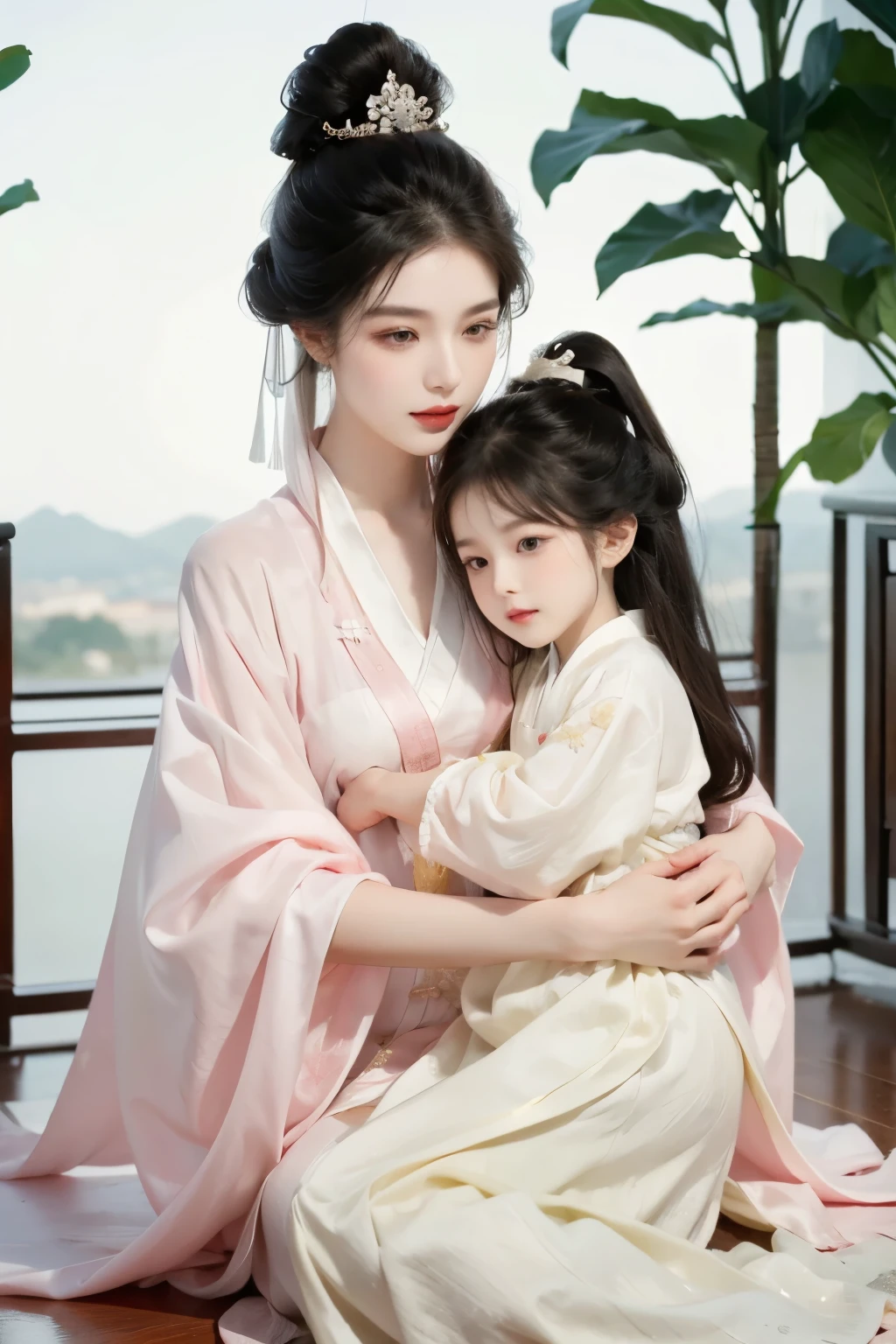 A beautiful woman holding a girl,Quiet and peaceful,A faint smile,Chinese Palace,Chinese clothing and accessories,Black Hair,Perfect face