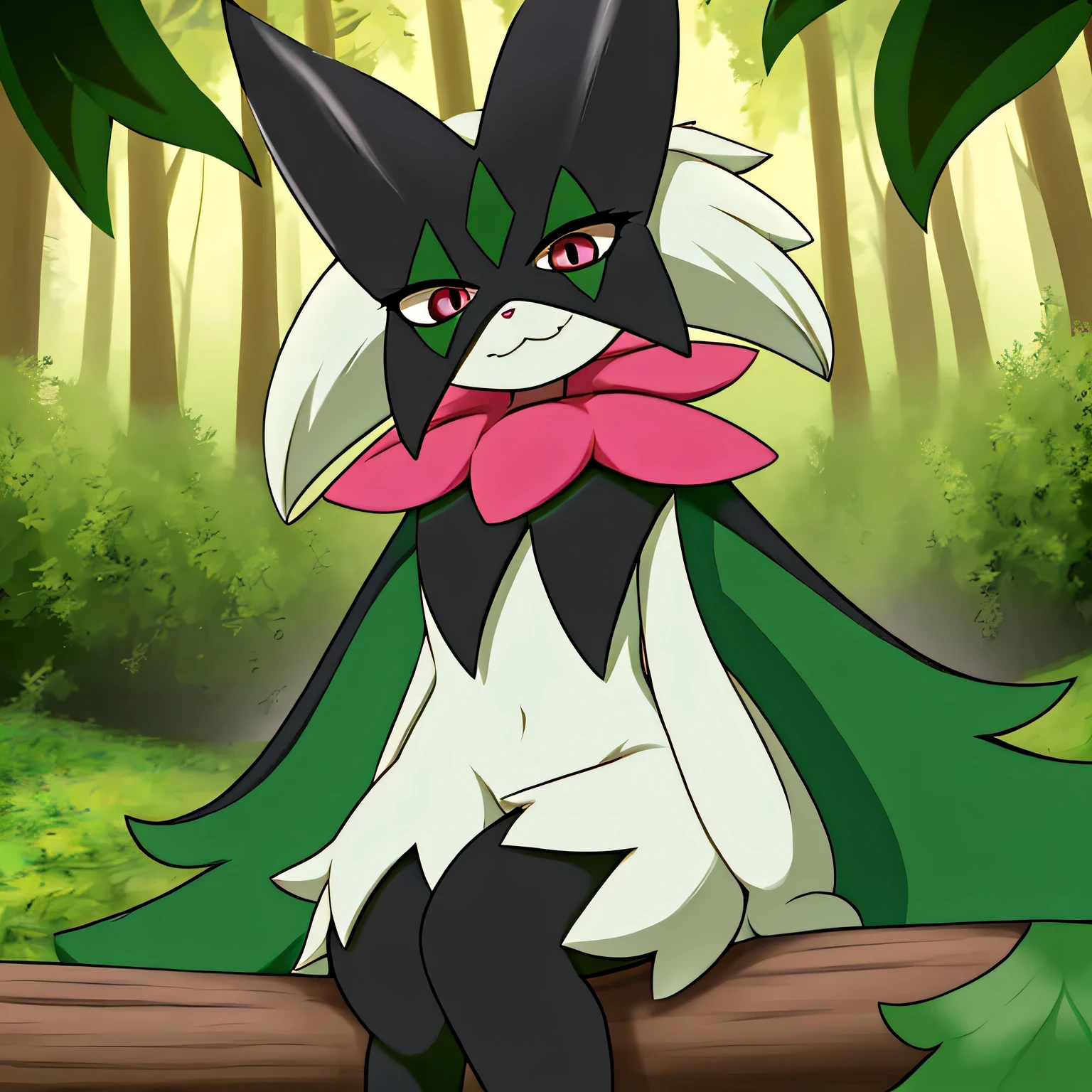 Masterpiece, Medium full shot Portrait, The best quality, the highest picture quality, Detailed, Meowscarada, Pokémon, short snout, detailed eyes, forest background, day, female, solo, sarcastic smile, sitting on a log with leaves, looking down