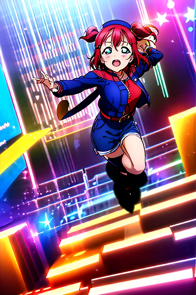 masterpiece, best quality, ultra-detailed, kawaii, cute, lovely, sexy, ero, extremely detailed, 4K, 8K, best quality, beautiful, anime style, laboratory, Kurosawa Ruby, love live!, beautiful eyes, large breast, tattoo, cool, (leather jacket,naughty expression,denim shorts,spread legs,arms behind head,from below),miko