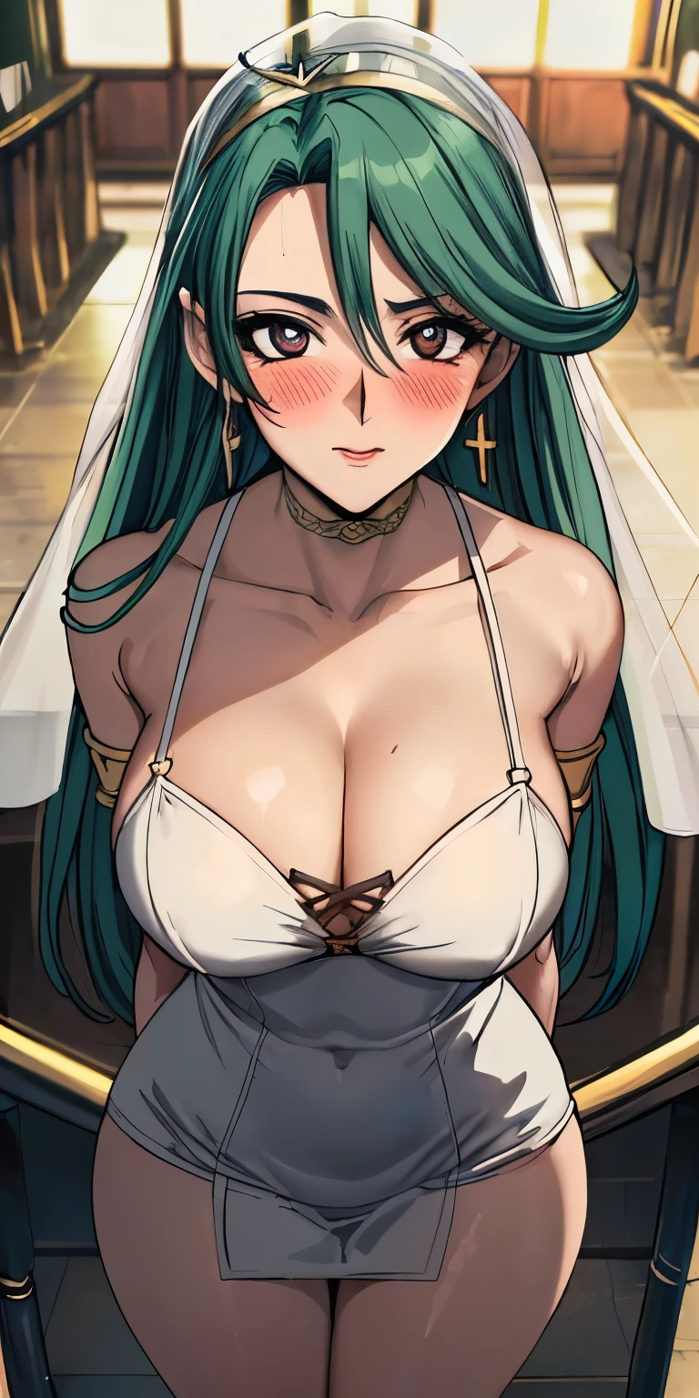 masterpiece, best quality, ultra-detailed, illustration,masterpiece, Best quality, high resolution, high resolution, green hair,Camula, 1girl, solo,clear skin,  annoying,armlets,clear skin, beautiful detailed eyes, looking at viewer in a seductive look, close up, (breast focus), (arms behind back:1.2), (from above:1.1),big sized breasts, attempt to seduce,blush, cleavage ,(wide thighs:1.4), (weeding dress), (white dress),(white veil),(tight dress),((inside church))