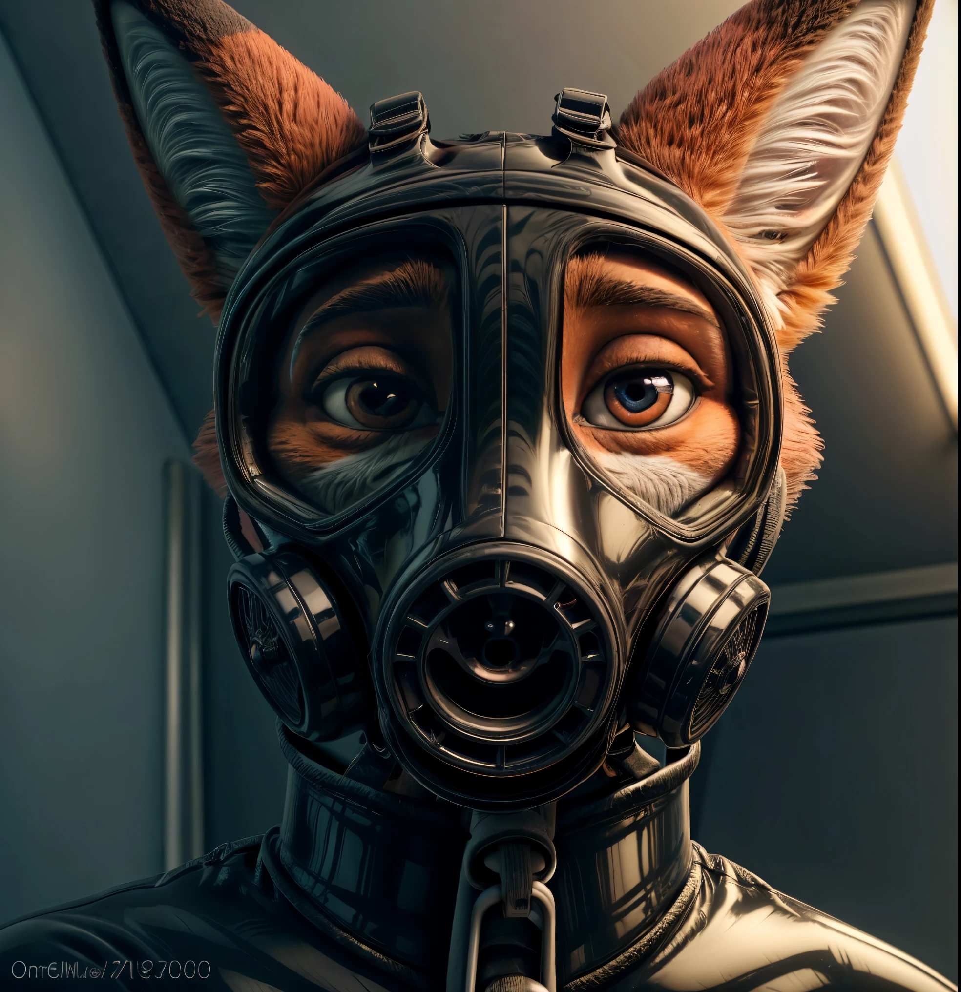 Photograph, realistic, 4k, Solo, furry, Nick Wilde, black rubber, medical examination room, (latex suit), looking at viewer, sweating, (detailed eyes, white sclera, ultra detailed eyes), close up, in love, (lustful), smug, (gas mask), pastel gas mask, low angle camera, gurney