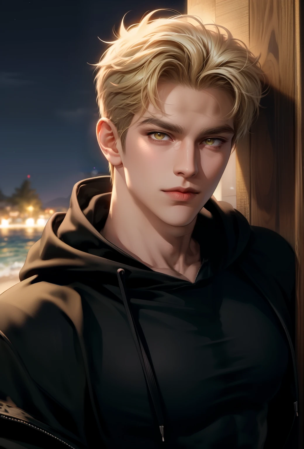 (masterpiece,best quality,ultra_detailed,highres,absurdres),1 mature male, 30-ish, (wide shoulder), (muscular), big body, male focus, solo, yellow eyes, yellow eyes color, upper body, short hair, blonde hair, looking at viewer, smile face, parted lips, round eyewear, Masterpiece, high quality, best quality, HD, realistic, perfect lighting, detailed body, 1 man, wearing a black hoodie, calm expression, in the night beach background,
