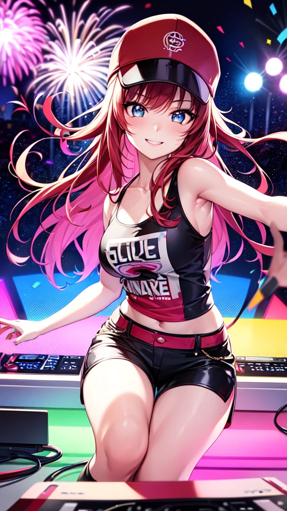 +sparkle+ 1_girlsolo, anime girl, long red hair, short bangs, baseball cap, red booty shorts, headphones, silver jacket,DJ turntable set,club lighting,stage,confetti,dancing,smiling,putting records on turntable,(best quality:1.2),(ultra-detailed:1.2),(realistic:1.37),HDR,vivid colors,portraits,shorts,jacketed figure,headphone girl,colorful lights,stage set,confetti raining,joyful expression,playing vinyl records,turntable setup,anime style, atmosphere,techno music,electronic dance music,festival vibes,hip hop beats,festival outfit,energetic dance moves,expressive eyes,hairstyle with vibrant colors,neon lights,beaming smile,positive vibes,high-energy performance,stylized backgrounds,colorful visuals,excitement in the air, dancing, nyan-nyan dance, fireworks in background, sitting on stage