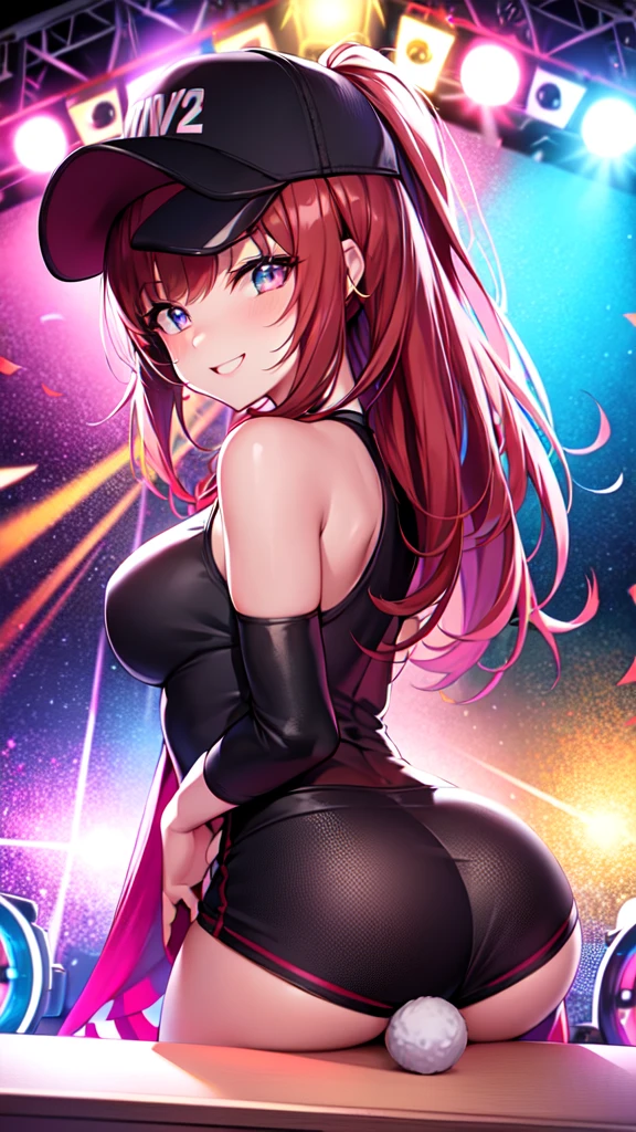 +sparkle+ 1_girlsolo, anime girl, long red hair, short bangs, baseball cap, red booty shorts, headphones, silver jacket,DJ turntable set,club lighting,stage,confetti,dancing,smiling,putting records on turntable,(best quality:1.2),(ultra-detailed:1.2),(realistic:1.37),HDR,vivid colors,portraits,shorts,jacketed figure,headphone girl,colorful lights,stage set,confetti raining,joyful expression,playing vinyl records,turntable setup,anime style, atmosphere,techno music,electronic dance music,festival vibes,hip hop beats,festival outfit,energetic dance moves,expressive eyes,hairstyle with vibrant colors,neon lights,beaming smile,positive vibes,high-energy performance,stylized backgrounds,colorful visuals,excitement in the air, dancing, nyan-nyan dance, fireworks in background, sitting on stage