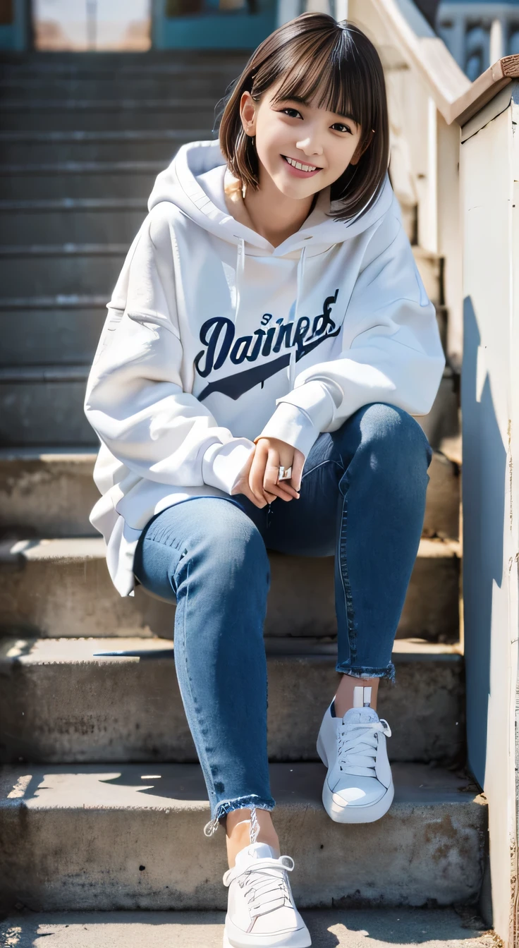 highest quality, Realistic, Very detailed, Finer details, High resolution, 8k wallpaper, One beautiful woman,Sit on the stairs、smile、、 Oversized hoodie, Skinny jeans,sneakers、Black Hair、 Beautiful Bangs、ear piercing、Perfect dynamic composition, Beautiful and detailed, Full Body Shot, A big smile waiting to start