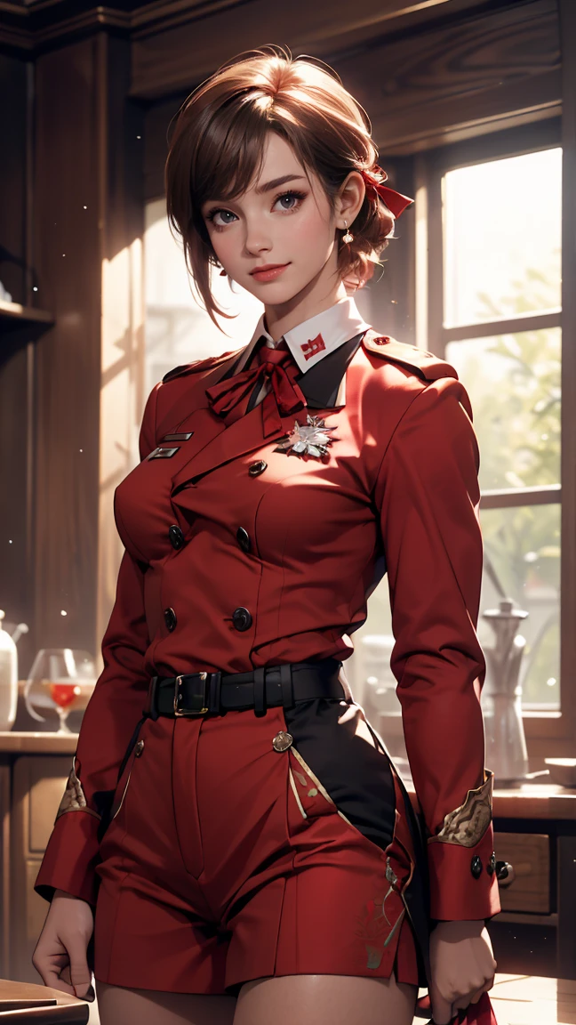 (Realistic:1.5), (Realistic:1.4), 8k, Ultra high quality beautiful girl,Chisato, One Girl, bangs, indoor, short hair, smile, alone, Are standing, Sexy pose, Beautiful small breasts, Red Uniform, , Put your hands behind your back, Red side ribbon, Licorice Reaction Uniform,(Adult sexiness、Attractive eyes、Sexy thighs)、Sexy uniform