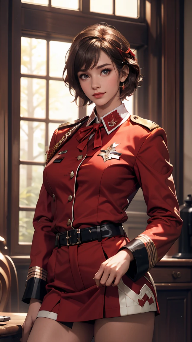 (Realistic:1.5), (Realistic:1.4), 8k, Ultra high quality beautiful girl,Chisato, One Girl, bangs, indoor, short hair, smile, alone, Are standing, Sexy pose, Beautiful small breasts, Red Uniform, , Put your hands behind your back, Red side ribbon, Licorice Reaction Uniform,(Adult sexiness、Attractive eyes、Sexy thighs)、Sexy uniform