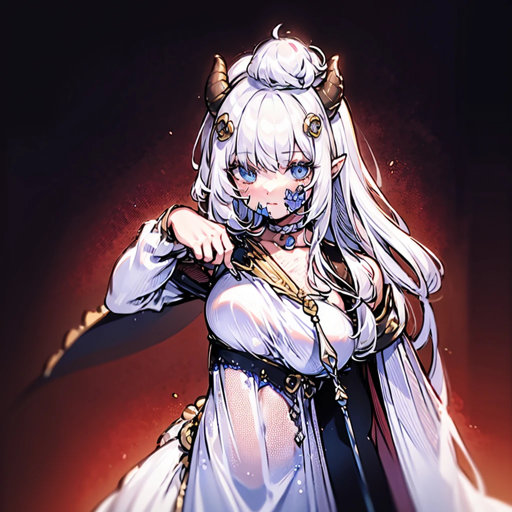 ((masterpiece)), ((bestquality)), 1 girl, solo, a -yeld gi white hair, blue eyes, detailed face, dragonian_head, dragonian_body, dragonian_hairstyle, dragonian_horns, dragonian_tail, white tail, white long dress, black choker, silver circlet on head, close range, holding sceptre, blank background
