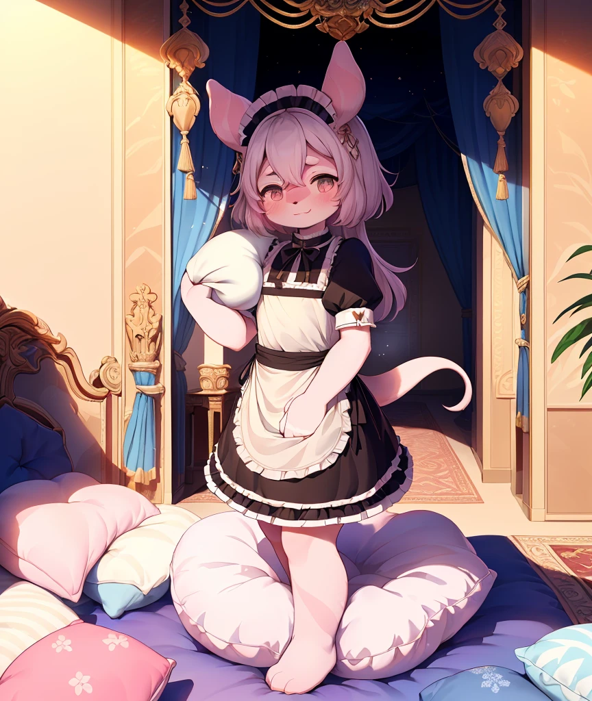 （masterpiece，best quality），my own, The Beast, , (Light and shadow suitable for any pillow background））, 穿着Maid costume的可爱女孩在枕头上摆姿势, Maid costume，White，Nature,, (blush),a smile，Pillow Head,（Lots of pillows），Soft cushion，（canopy bed），Soft pillow quotation，（Pillow damage），Lots of pillows，（Crotch rubbing），（（Pillow Hump）），（Pillow Head），（A tail），，（Pink pillow），（Love around the protagonist），Steam，（Pillow Head），（），（Luxury pillows），（Palace pillow pattern pillow），（palace），（Palace bedroom），（Gorgeous pattern pillow），Soft pillows，，（Classical European style bedroom ），（excited，shy person，Lack of expressiveness，），Pigment burst Art NY，stood up，Standing on pillow