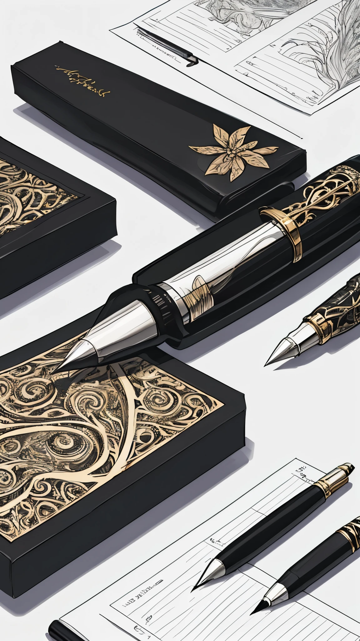 A collection of expensive pens lined up on a table, intricate design, 4k resolution, high quality